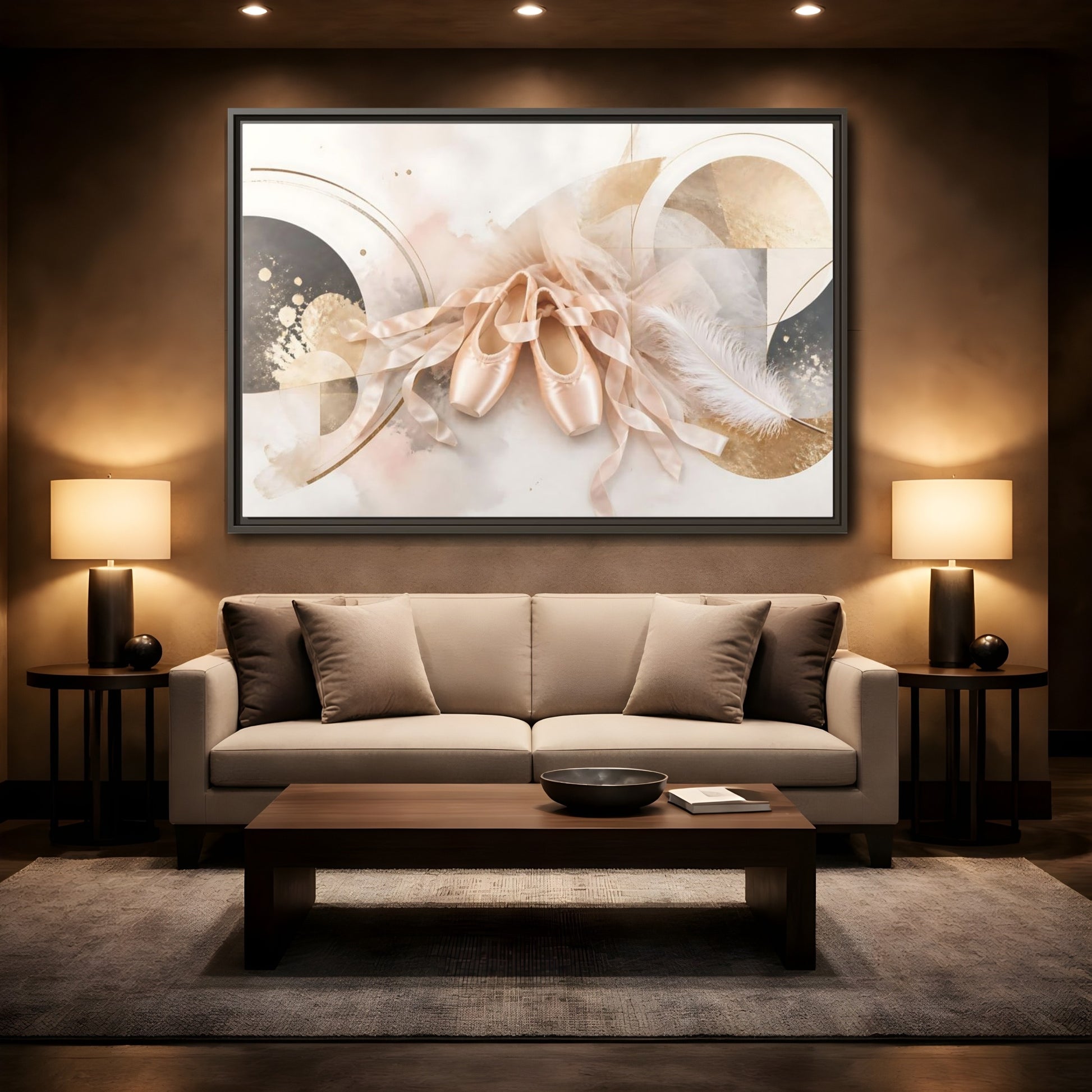 Mockup 2. Blush Ballet Pointe Shoes shown as framed canvas print
