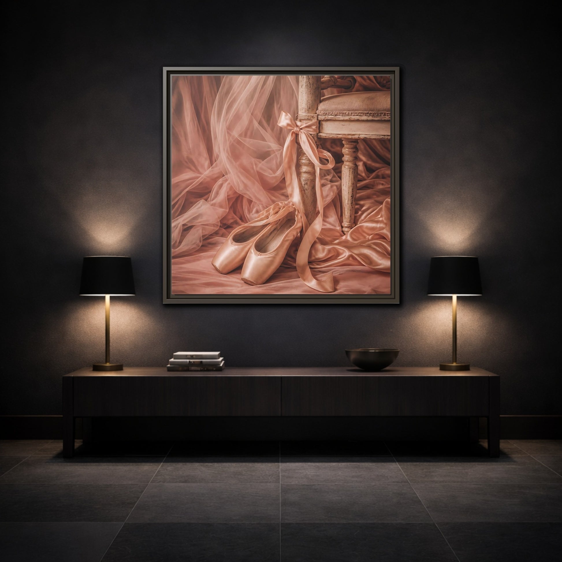 Mockup 3. Blush Ballet Pointe Shoes shown as framed canvas print