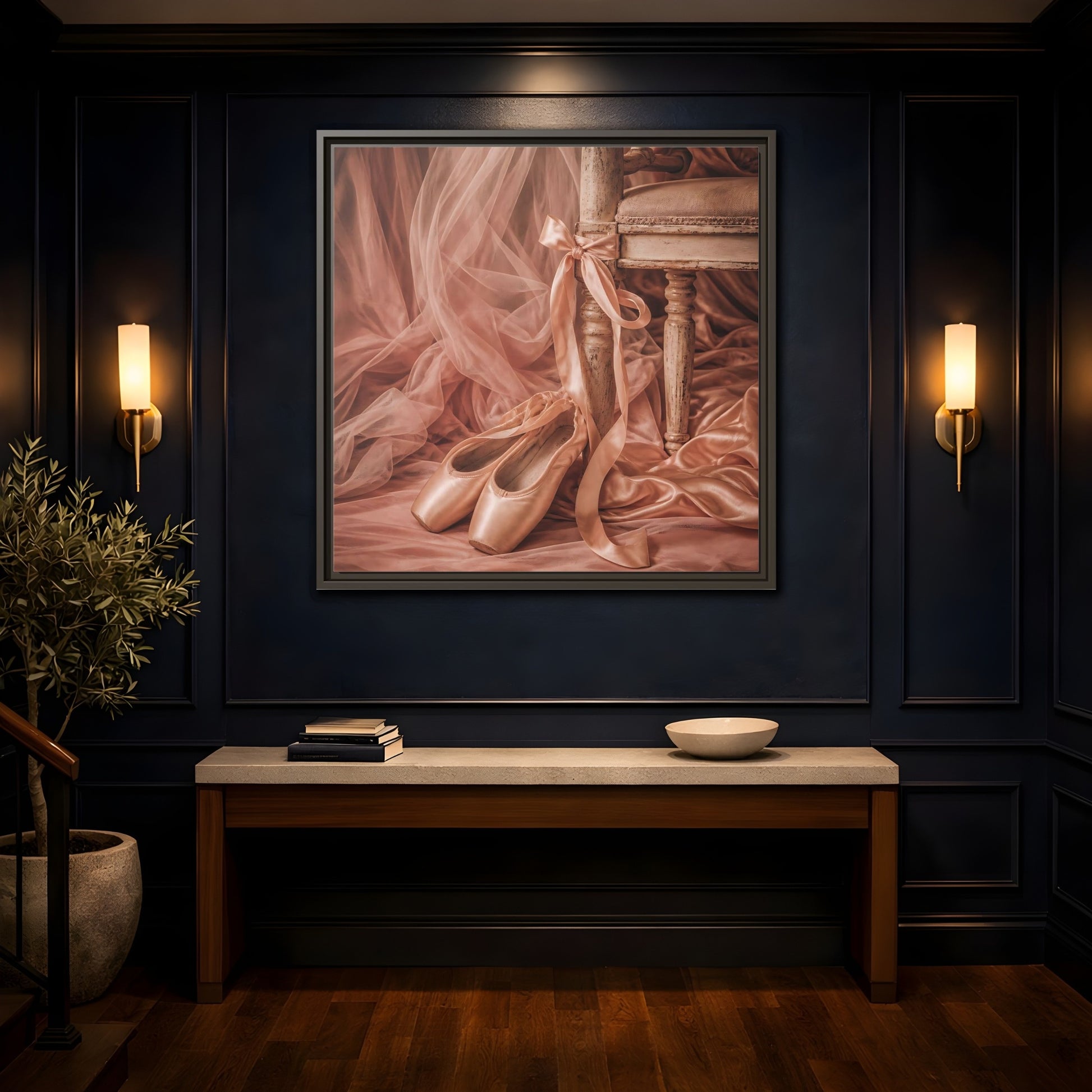 Mockup 4. Blush Ballet Pointe Shoes shown as framed canvas print