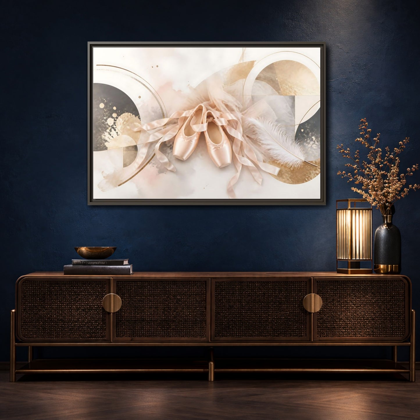 Mockup 4. Blush Ballet Pointe Shoes shown as framed canvas print