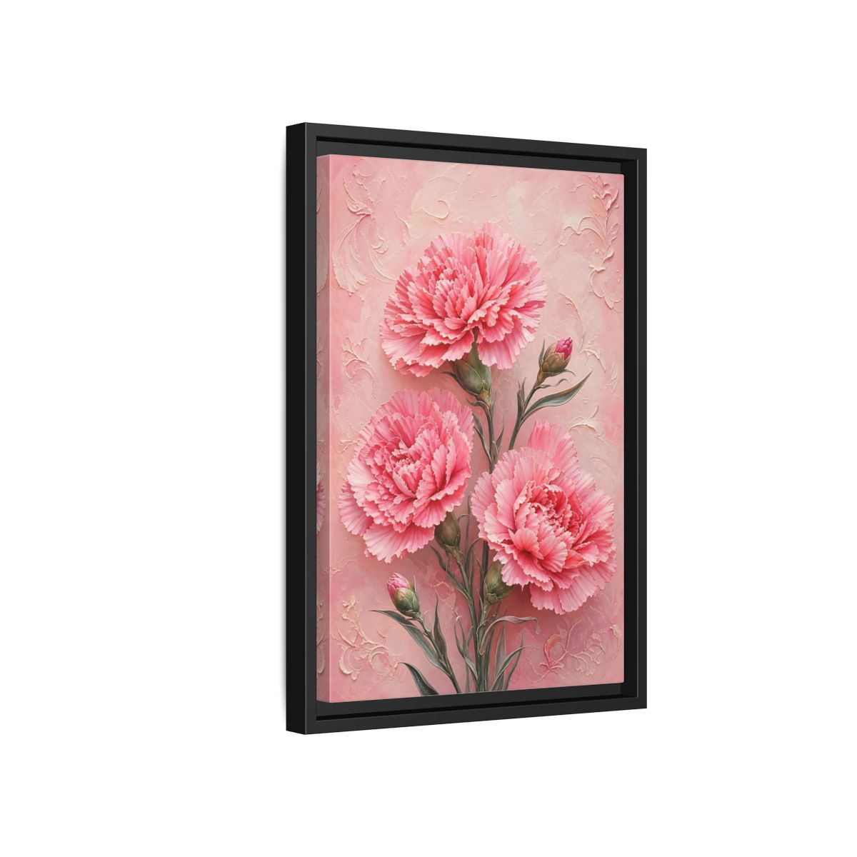 Side Mockup 6. Blush Carnation Trio shown as framed canvas print