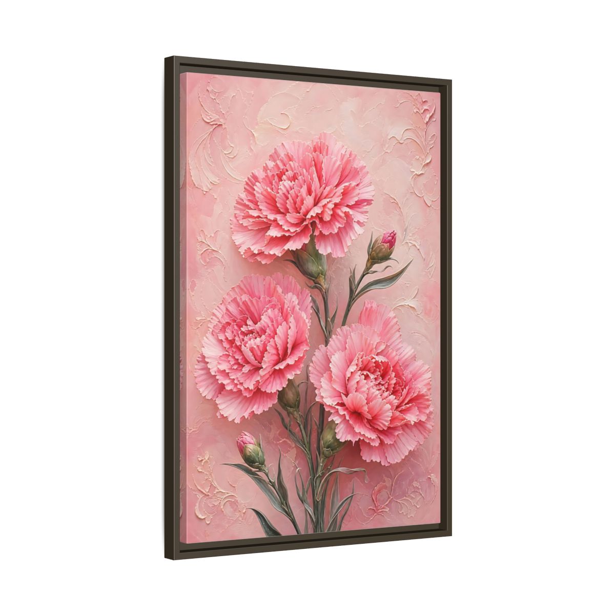 Side Mockup 11. Blush Carnation Trio shown as framed canvas print