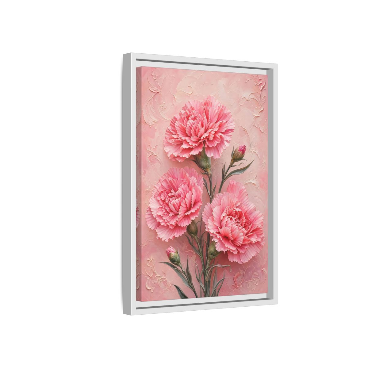 Side Mockup 4. Blush Carnation Trio shown as framed canvas print