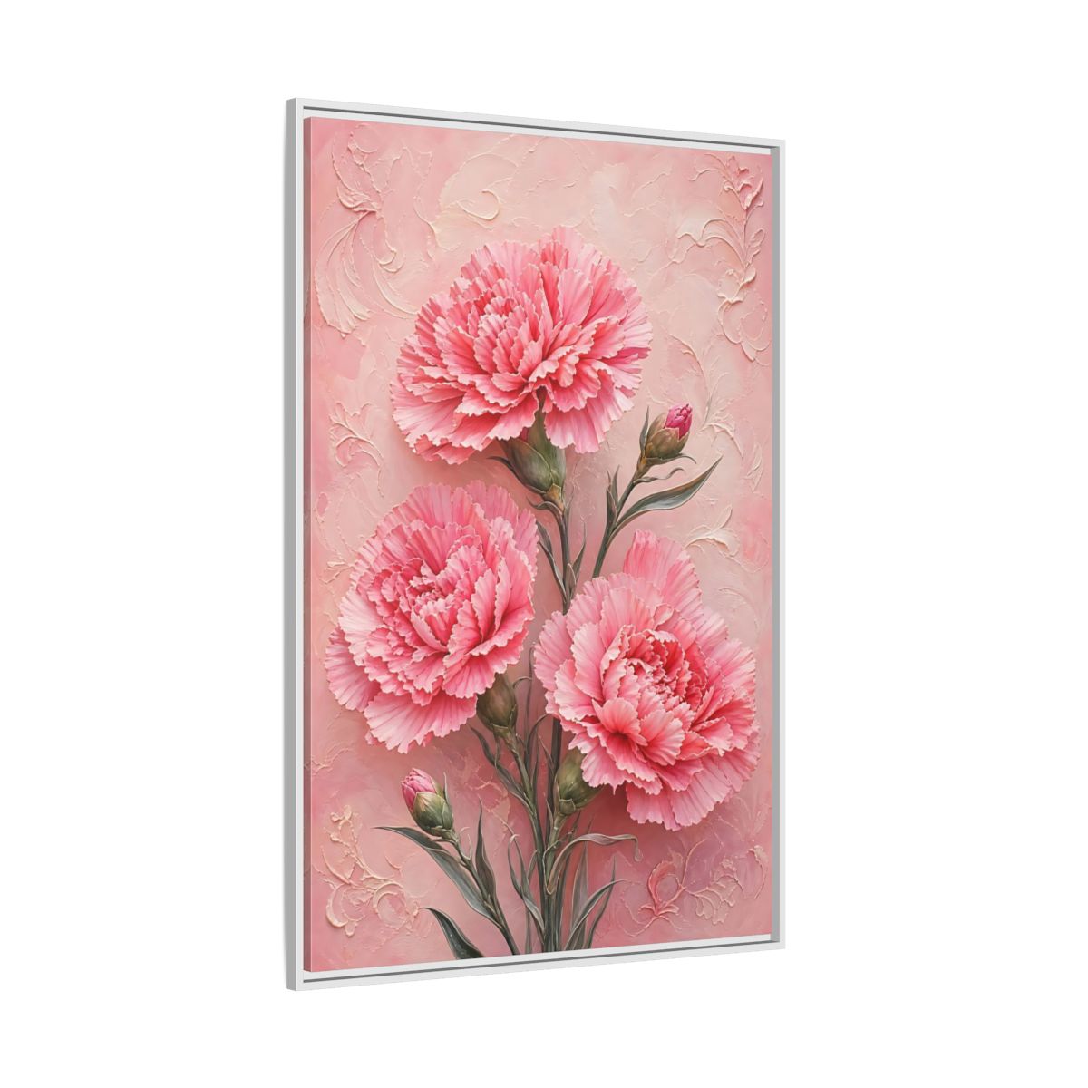 Side Mockup 7. Blush Carnation Trio shown as framed canvas print