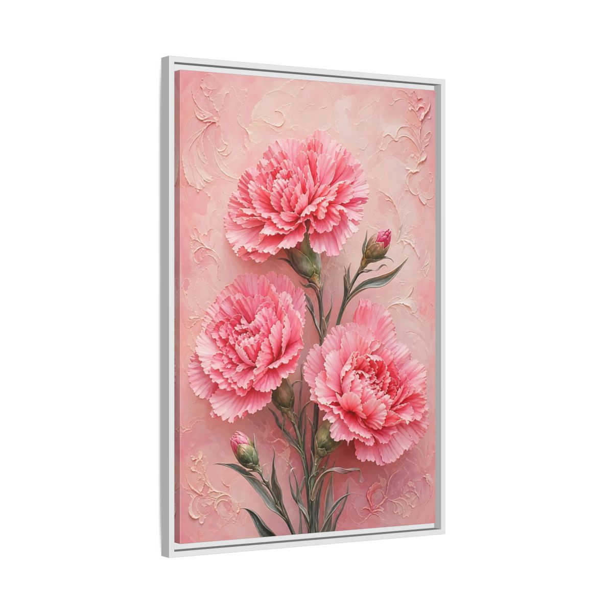 Side Mockup 9. Blush Carnation Trio shown as framed canvas print