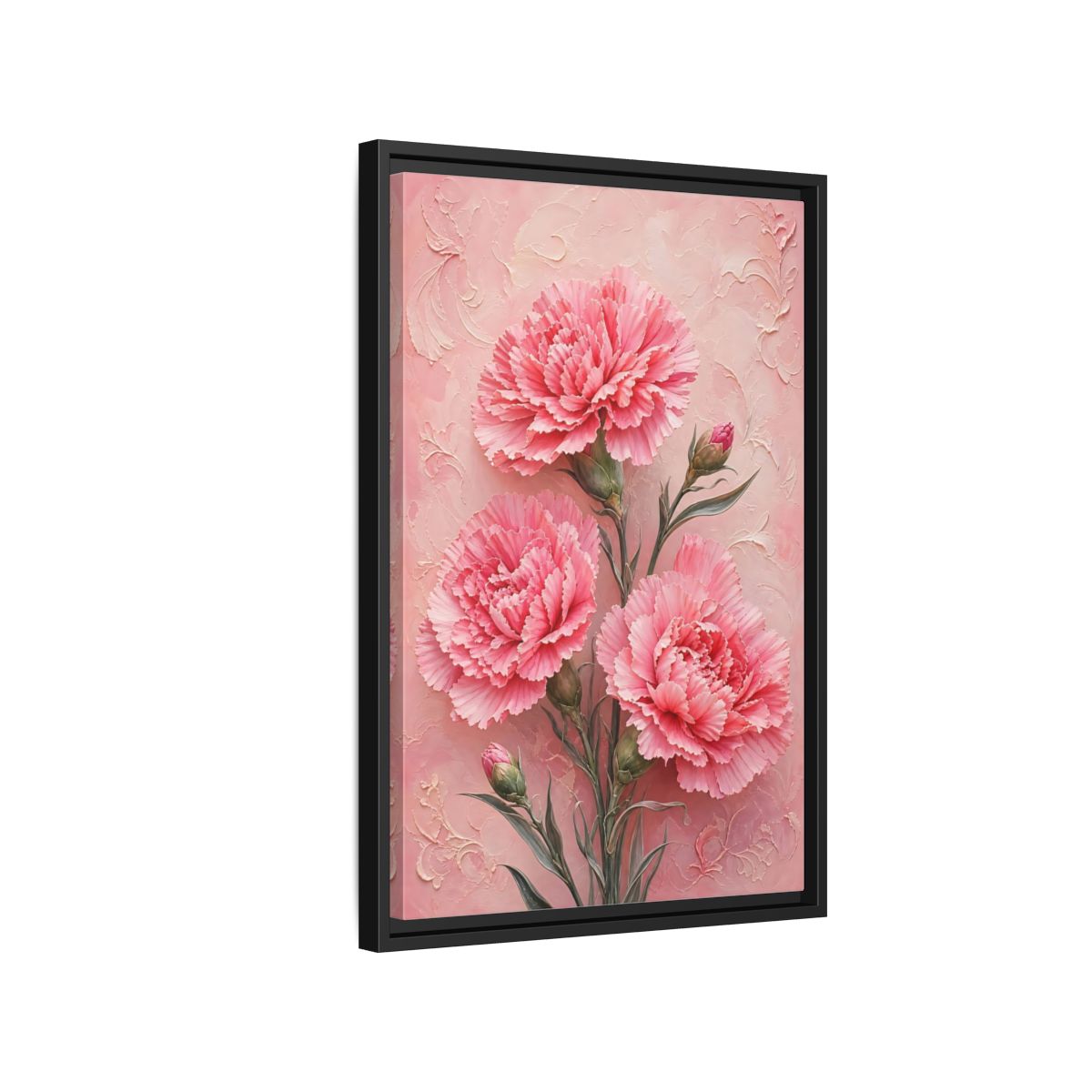Side Mockup 3. Blush Carnation Trio shown as framed canvas print