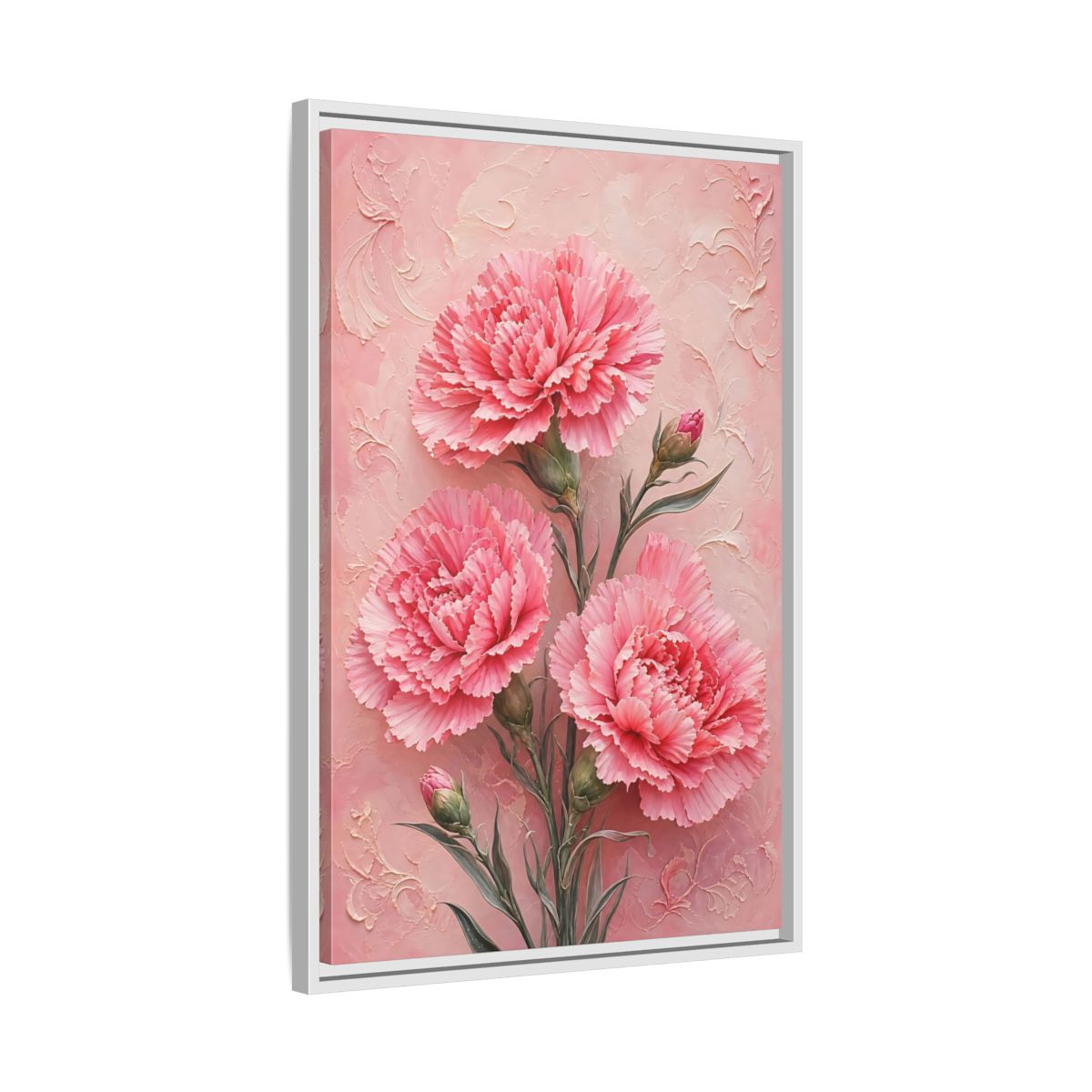 Side Mockup 10. Blush Carnation Trio shown as framed canvas print