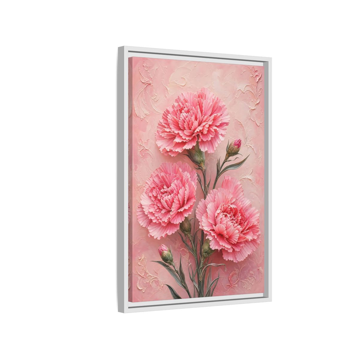 Side Mockup 1. Blush Carnation Trio shown as framed canvas print