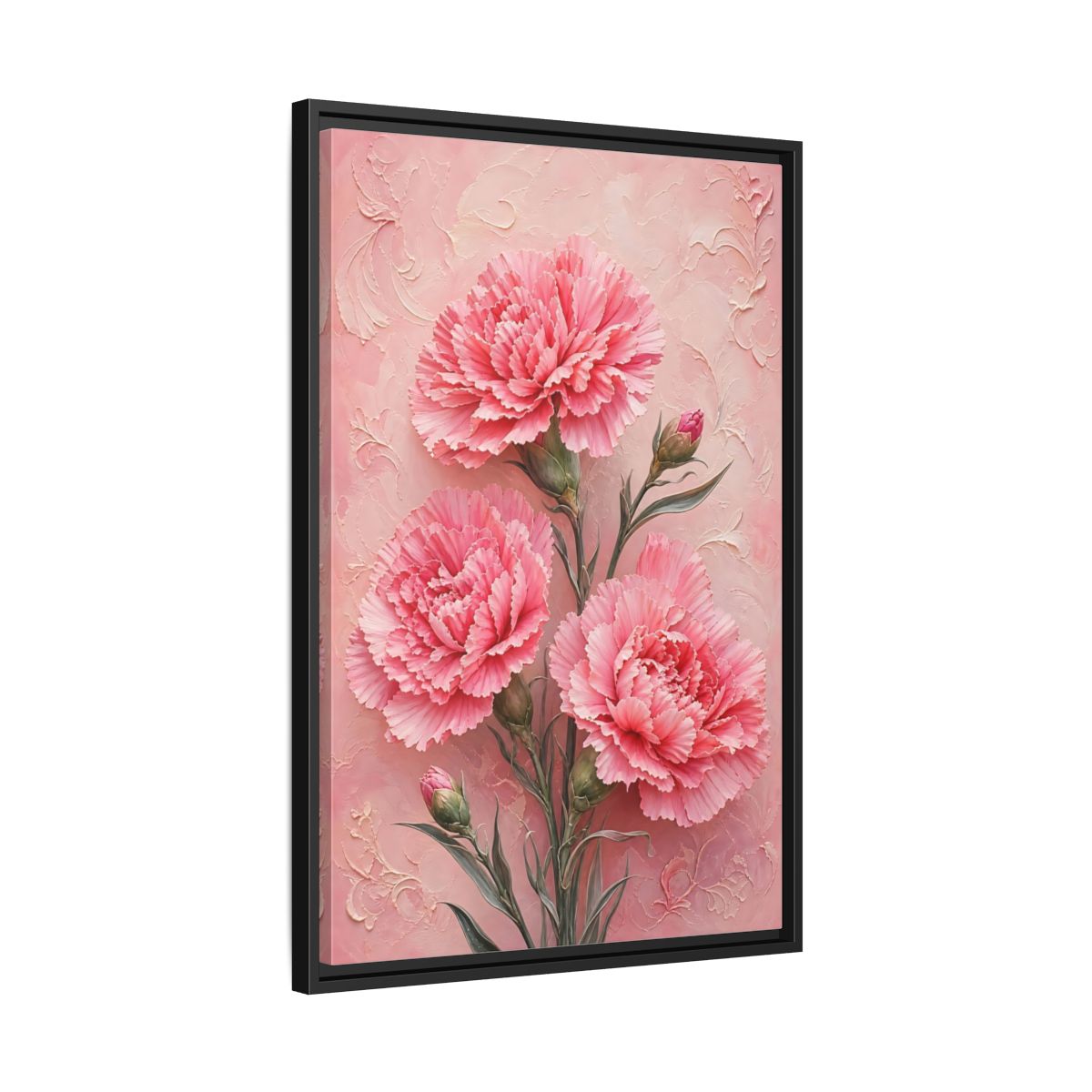 Side Mockup 14. Blush Carnation Trio shown as framed canvas print