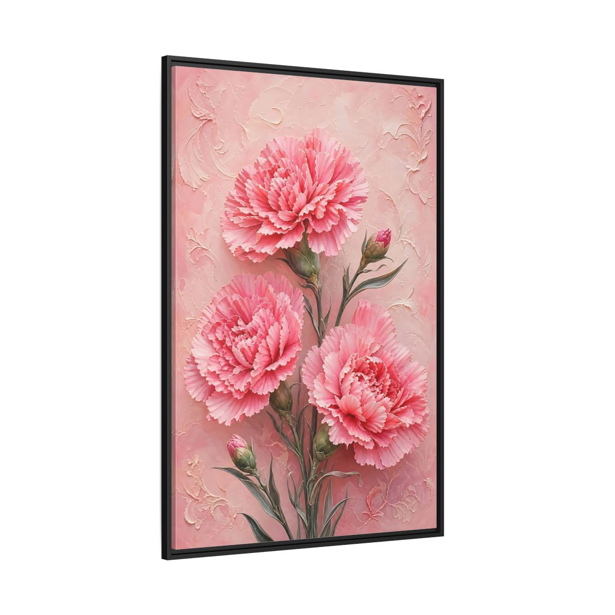 Side Mockup 12. Blush Carnation Trio shown as framed canvas print