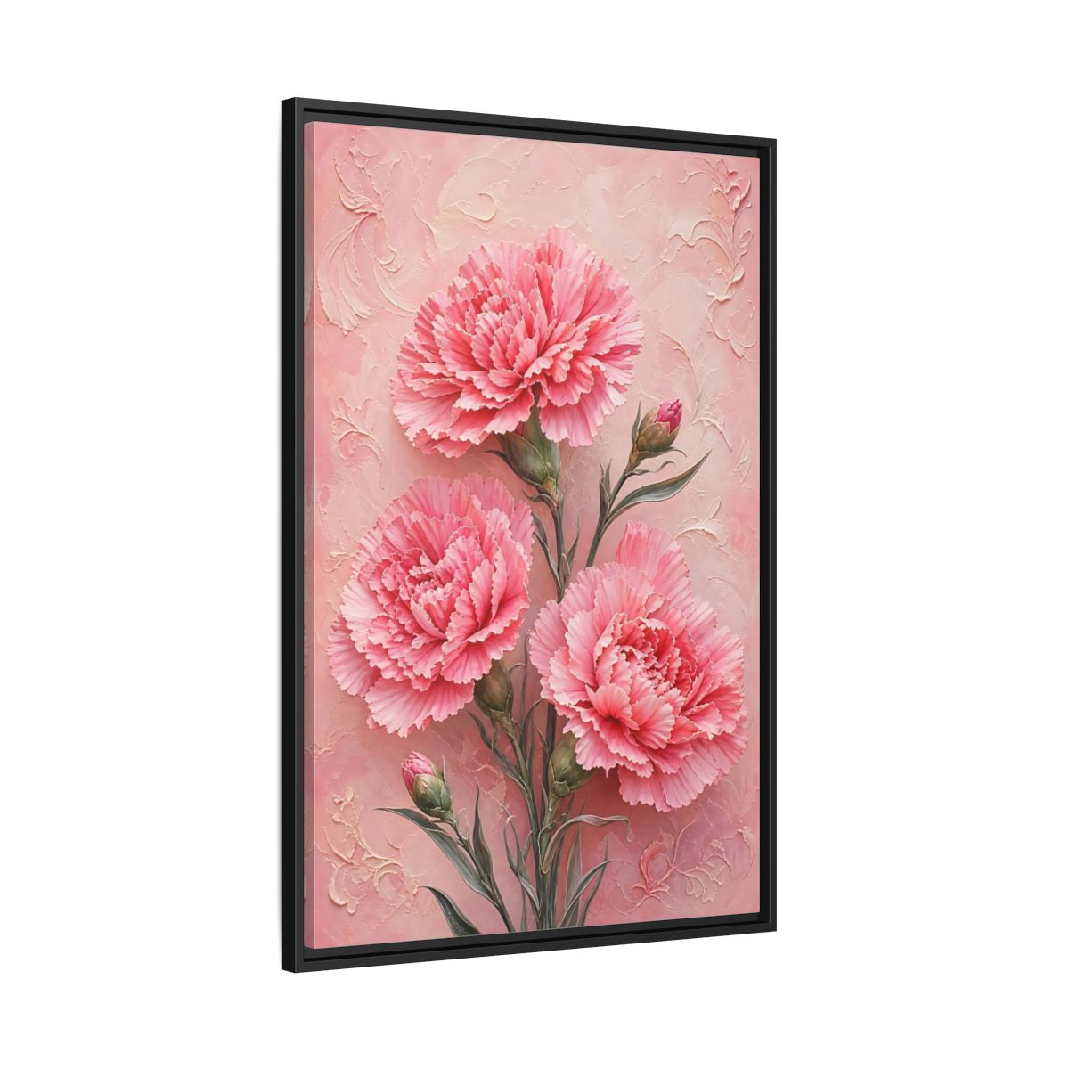 Side Mockup 13. Blush Carnation Trio shown as framed canvas print