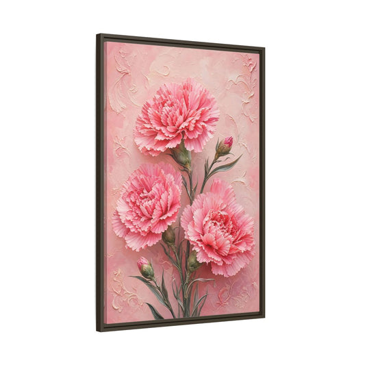 Main Mockup. Blush Carnation Trio shown as framed canvas print