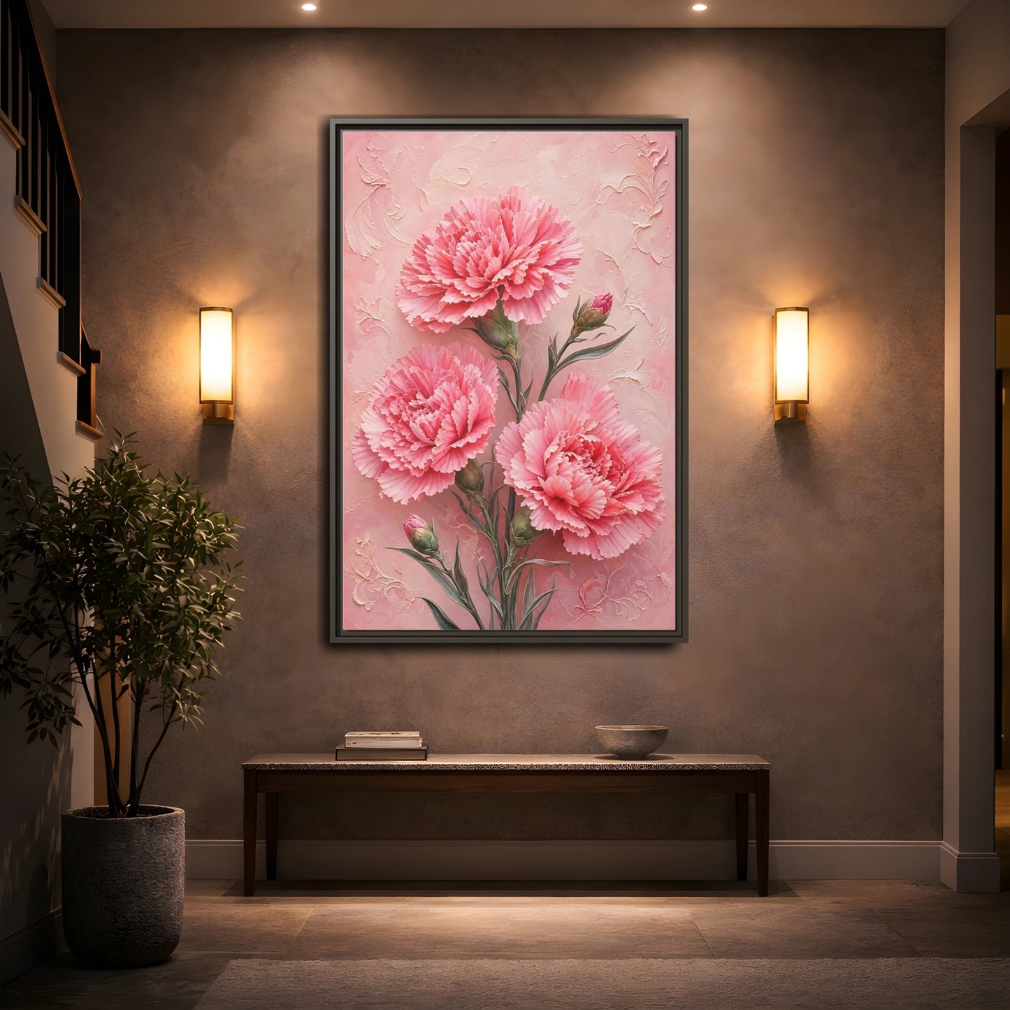 Mockup 2. Blush Carnation Trio shown as framed canvas print