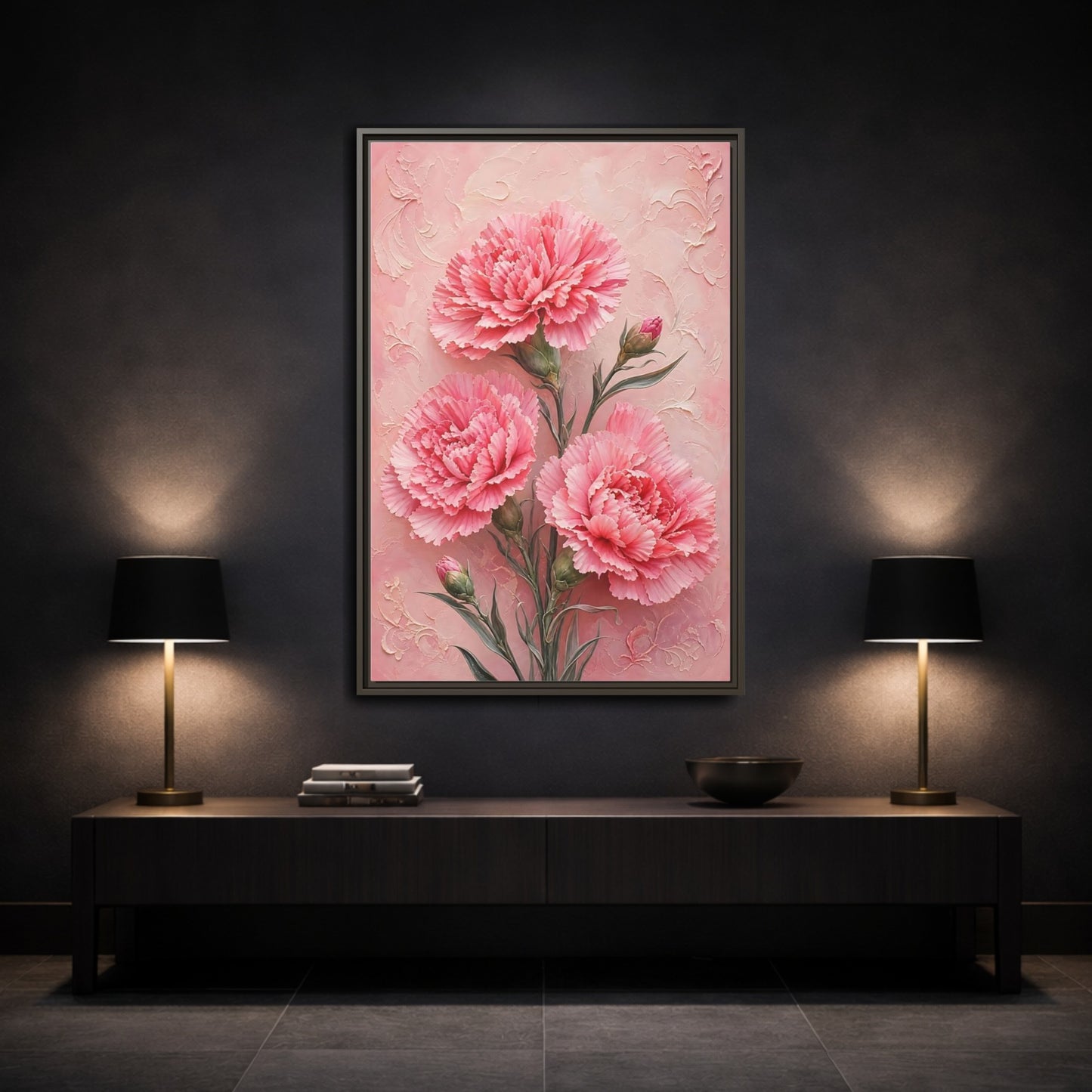 Mockup 3. Blush Carnation Trio shown as framed canvas print