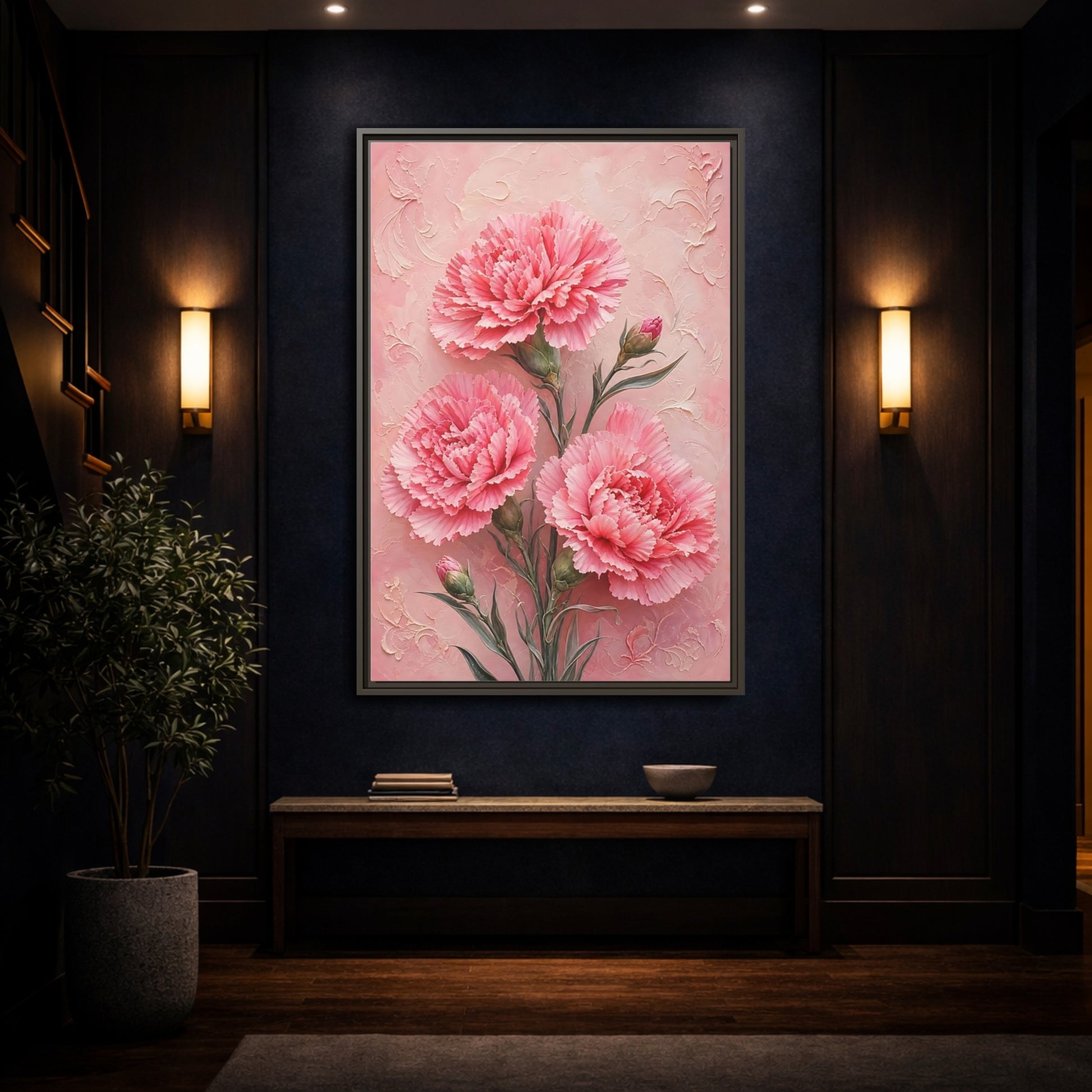 Mockup 4. Blush Carnation Trio shown as framed canvas print