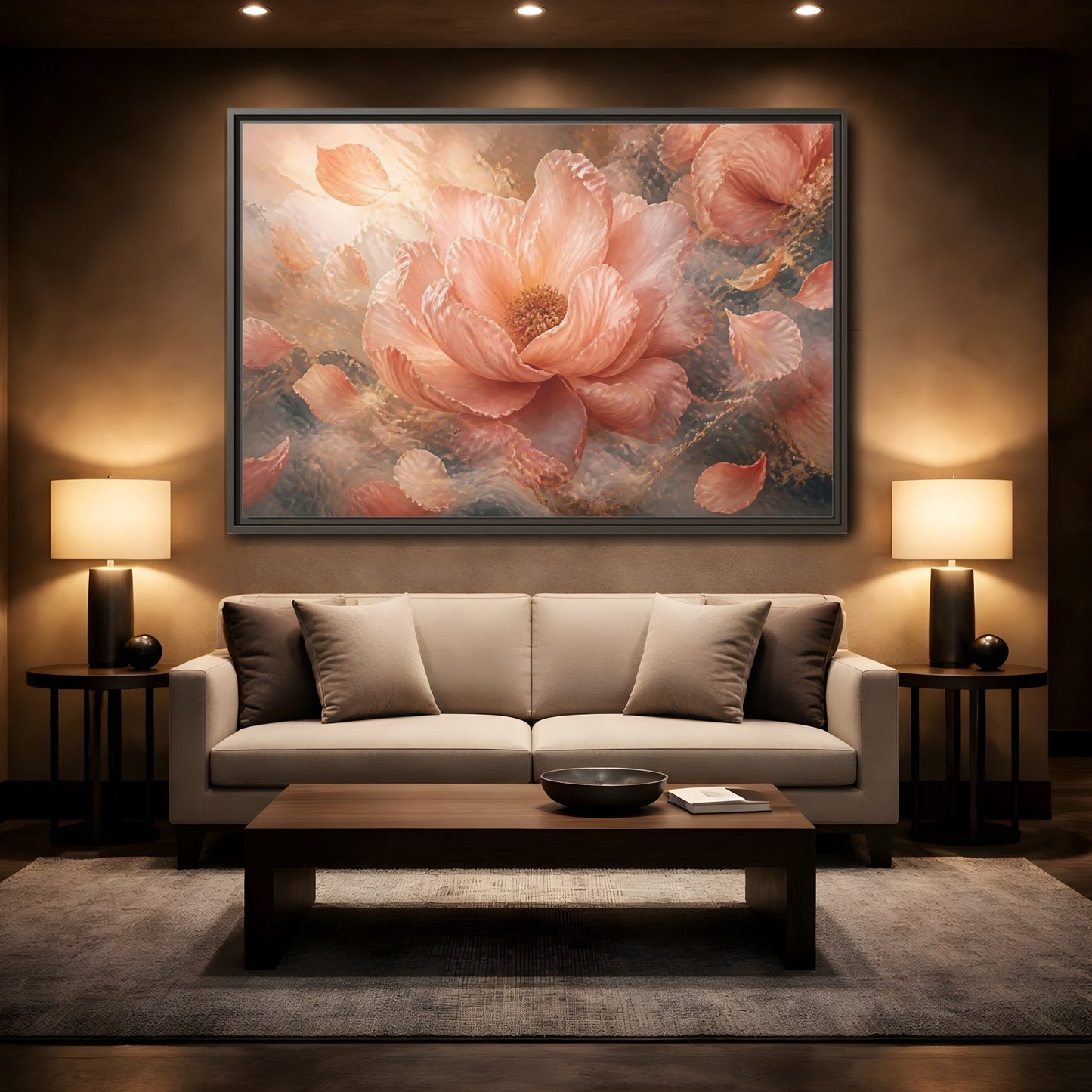 Mockup 2. Blush Peony Bloom shown as framed canvas print