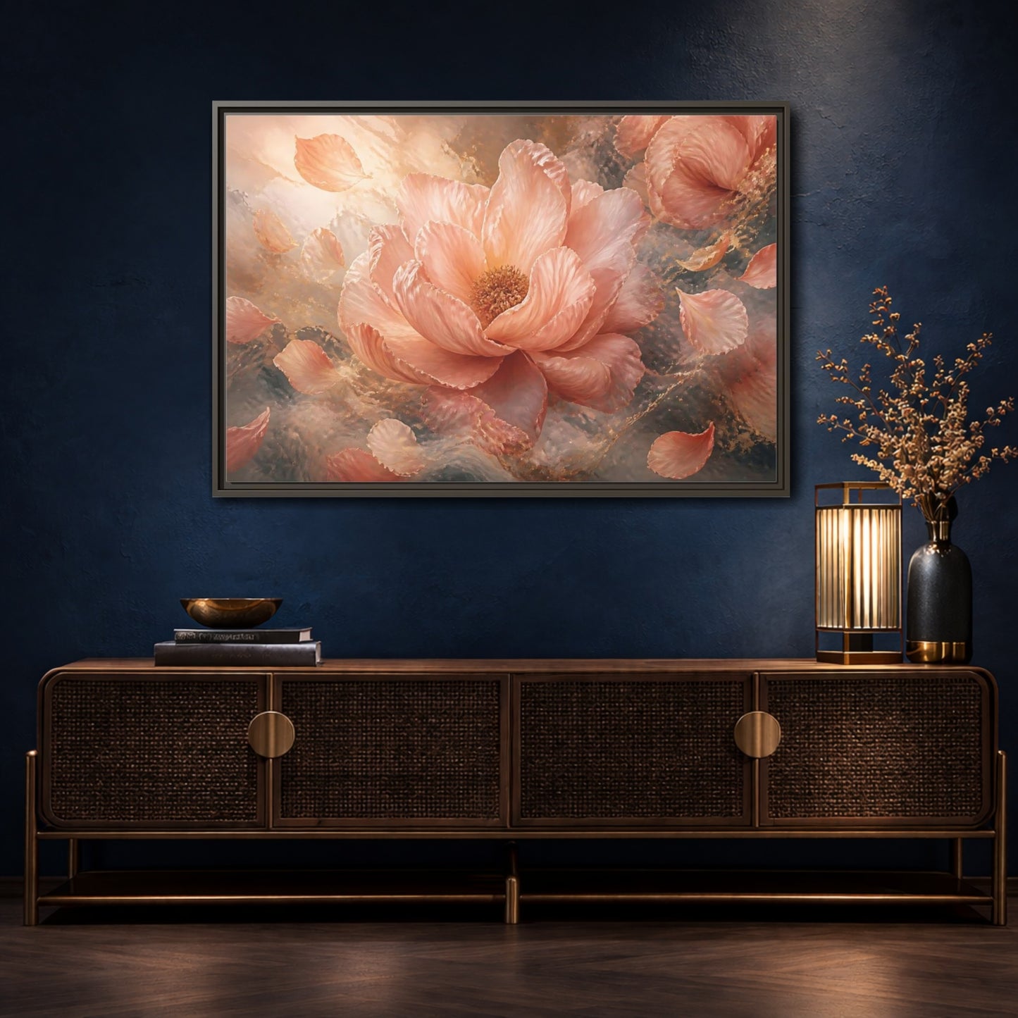 Mockup 4. Blush Peony Bloom shown as framed canvas print