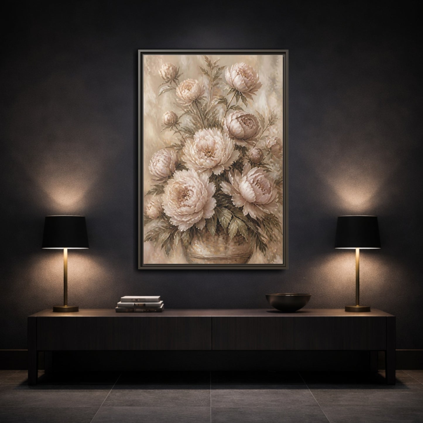 Mockup 3. Blush Peony Bouquet shown as framed canvas print