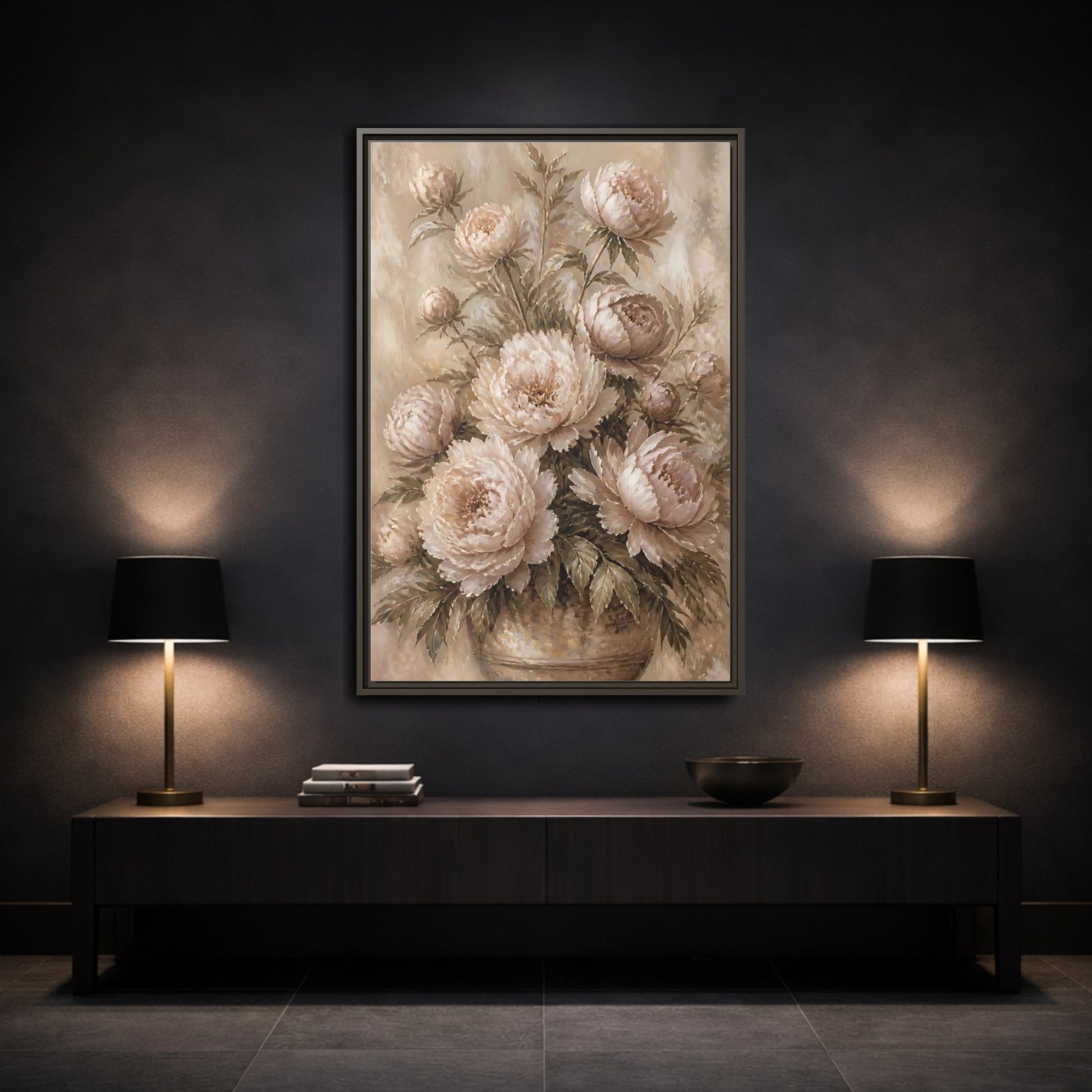 Mockup 3. Blush Peony Bouquet shown as framed canvas print