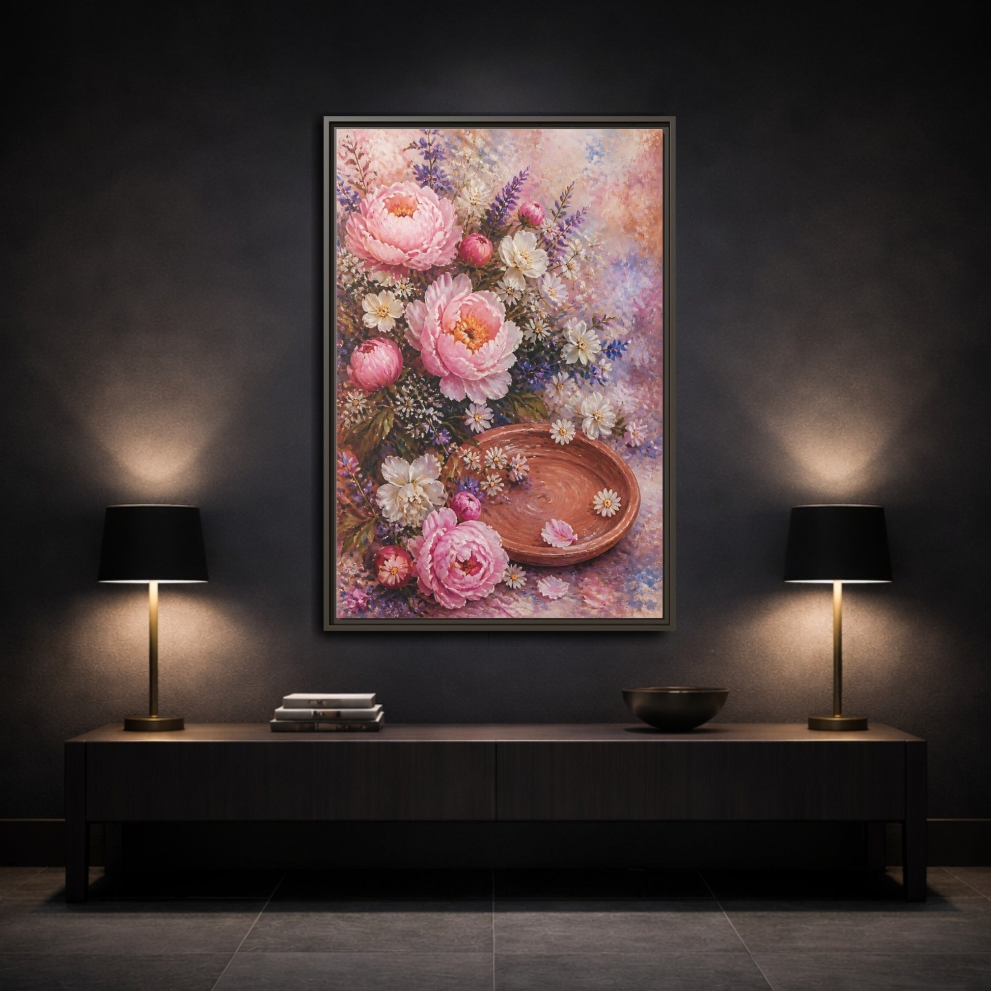 Mockup 3. Blush Peony Bouquet shown as framed canvas print