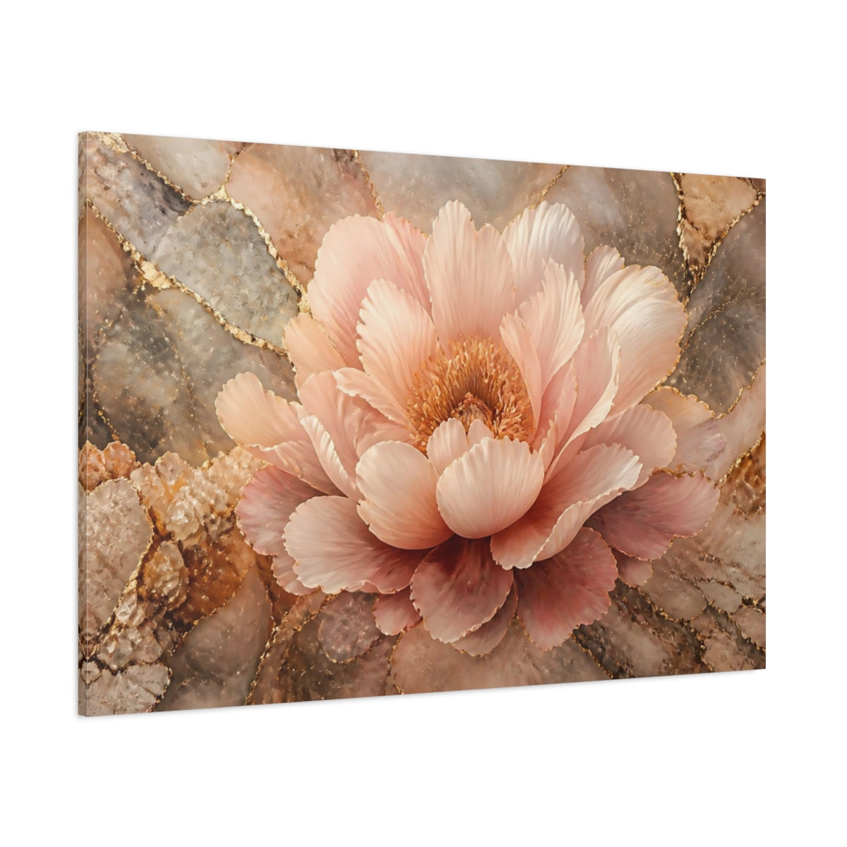 Side Mockup 1. Blush Peony With Gold Veins shown as canvas print