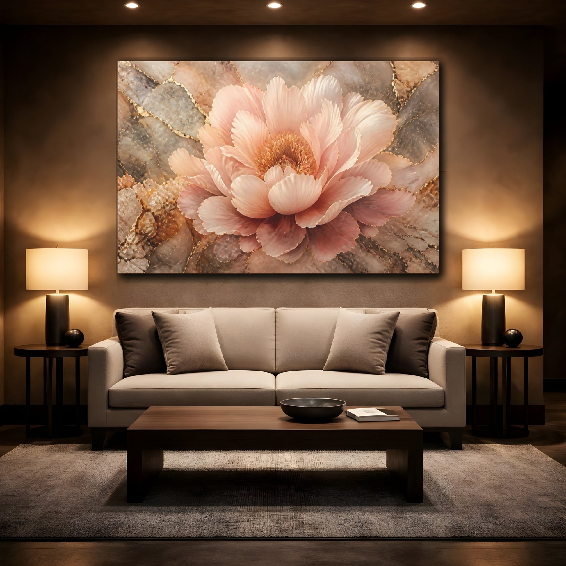 Mockup 2. Blush Peony With Gold Veins shown as canvas print