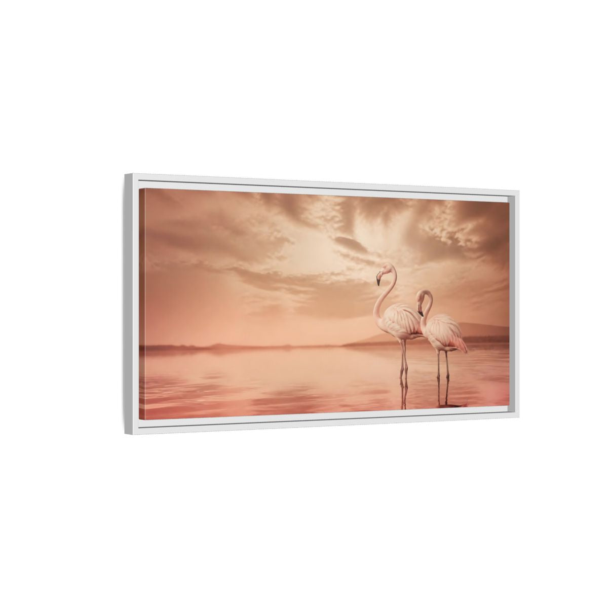 Side Mockup 1. Blush Pink Flamingos shown as framed canvas print