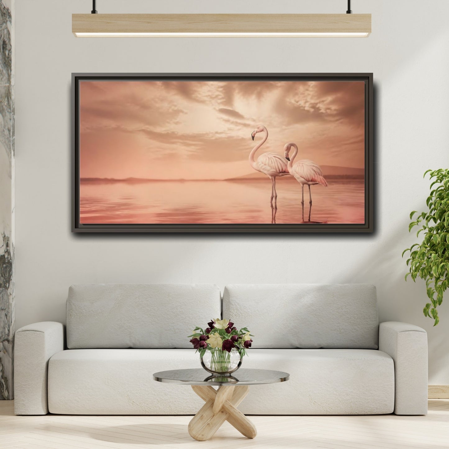 Mockup 2. Blush Pink Flamingos shown as framed canvas print