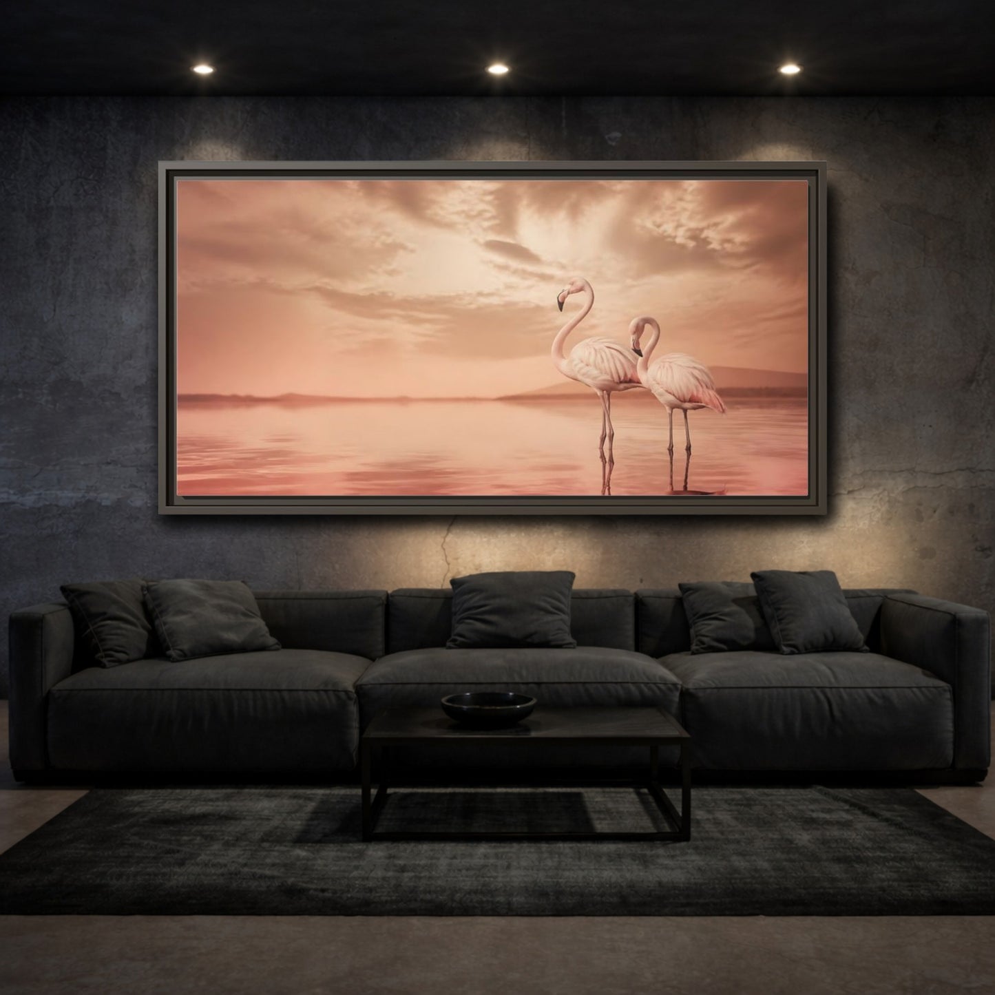 Mockup 3. Blush Pink Flamingos shown as framed canvas print