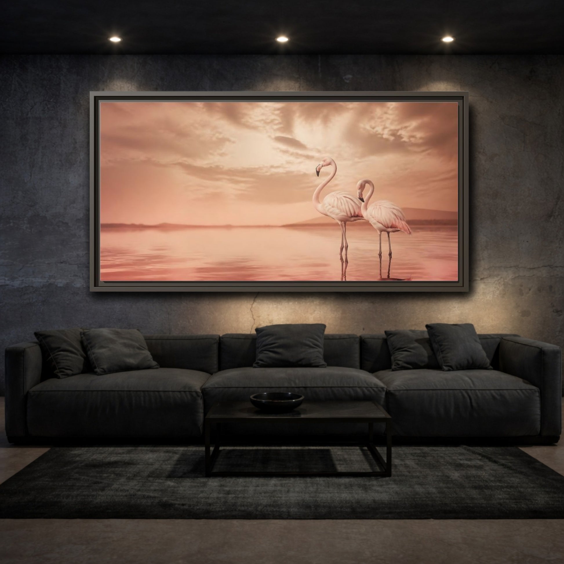 Mockup 3. Blush Pink Flamingos shown as framed canvas print