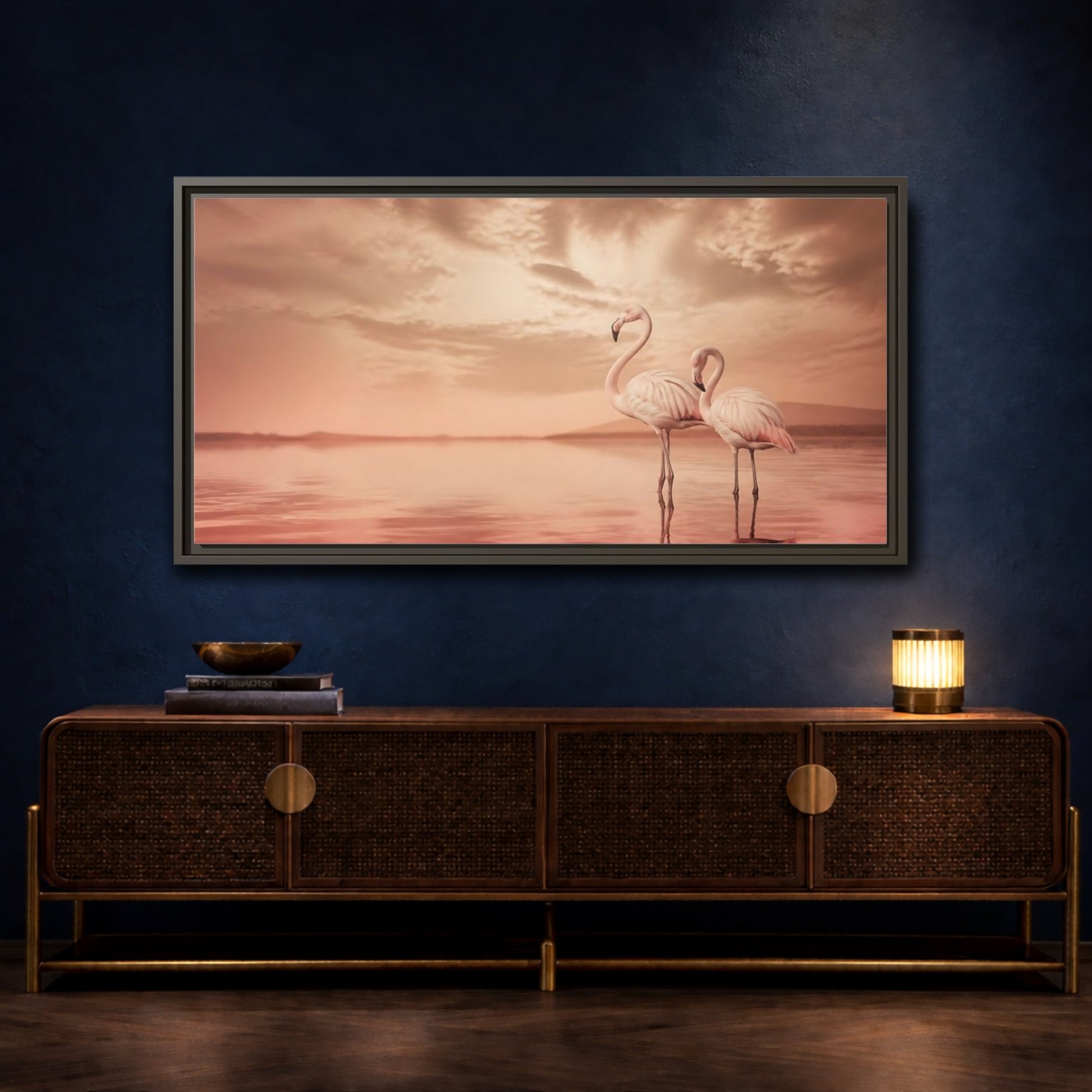 Mockup 4. Blush Pink Flamingos shown as framed canvas print