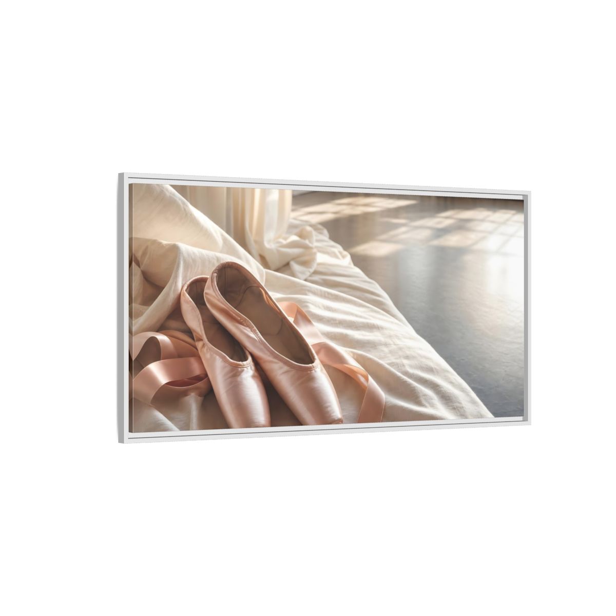 Side Mockup 3. Blush Pointe Shoes On Linen shown as framed canvas print