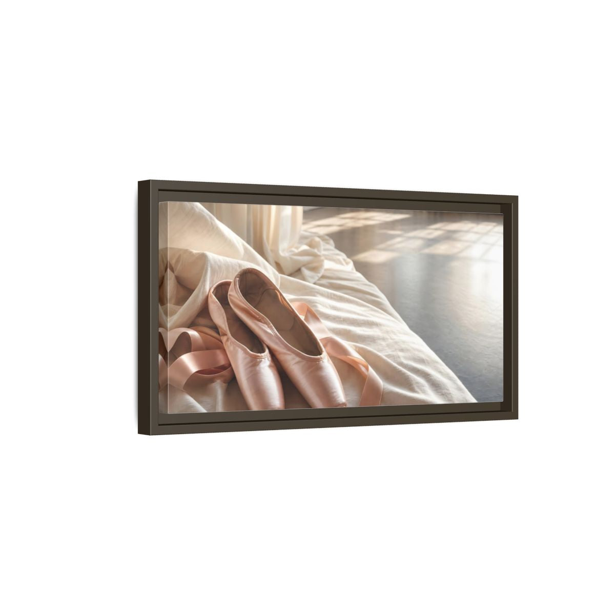 Side Mockup 7. Blush Pointe Shoes On Linen shown as framed canvas print