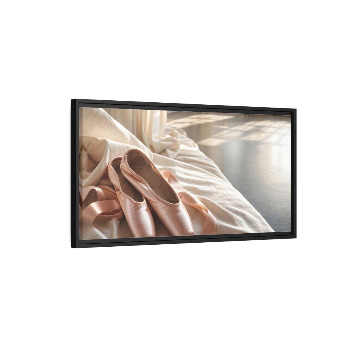 Side Mockup 2. Blush Pointe Shoes On Linen shown as framed canvas print