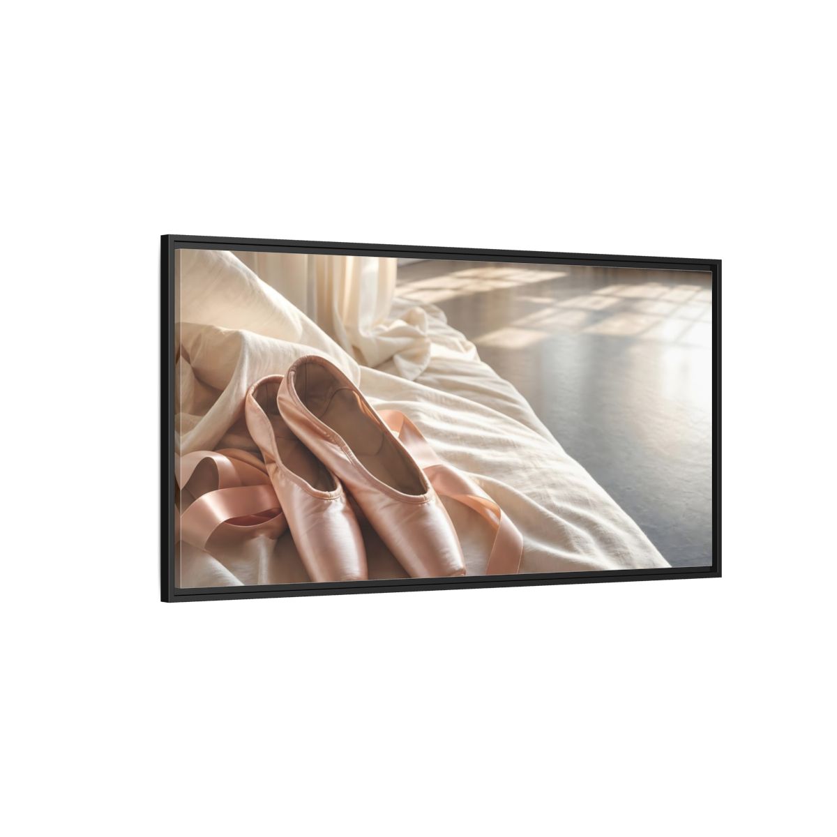 Side Mockup 5. Blush Pointe Shoes On Linen shown as framed canvas print