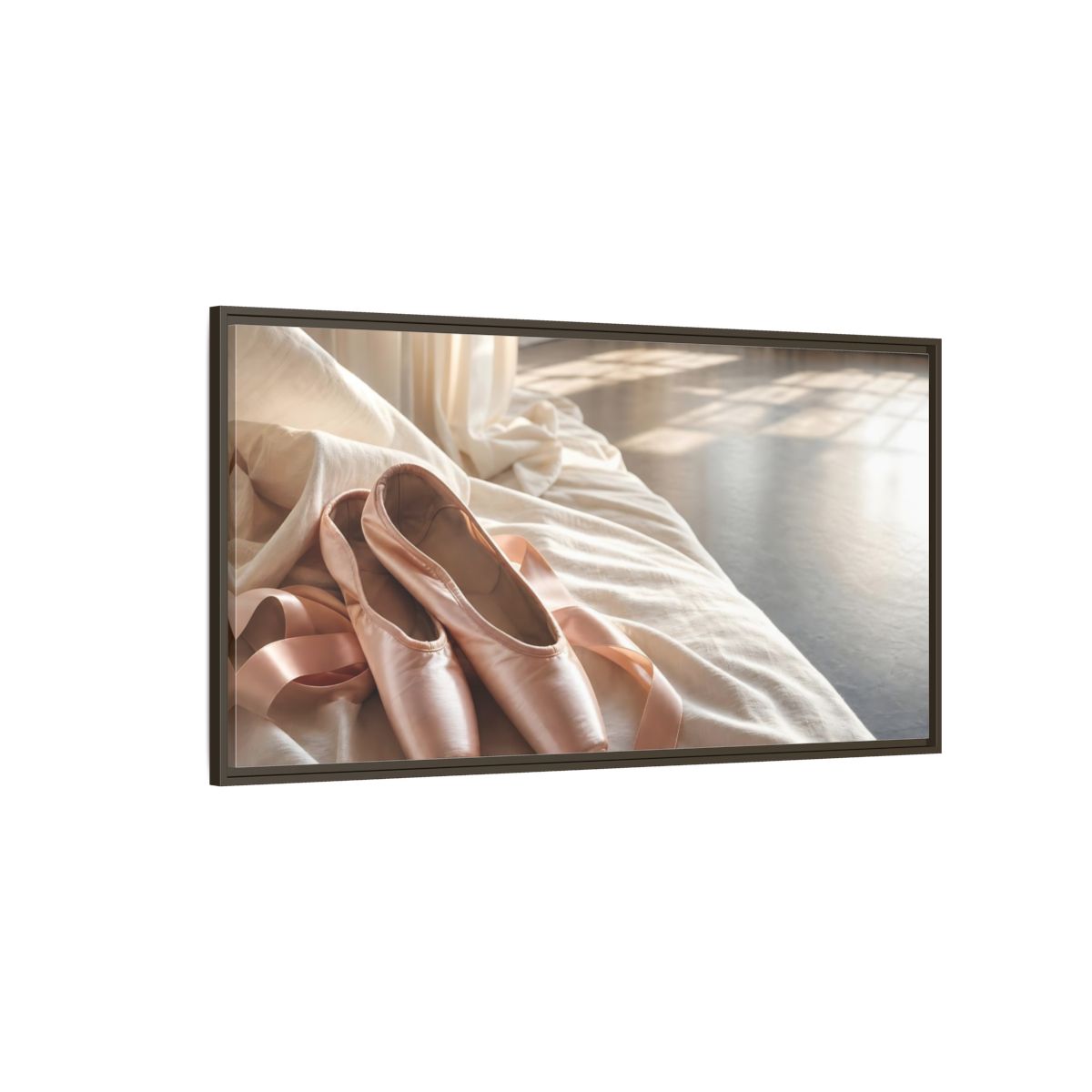 Side Mockup 4. Blush Pointe Shoes On Linen shown as framed canvas print