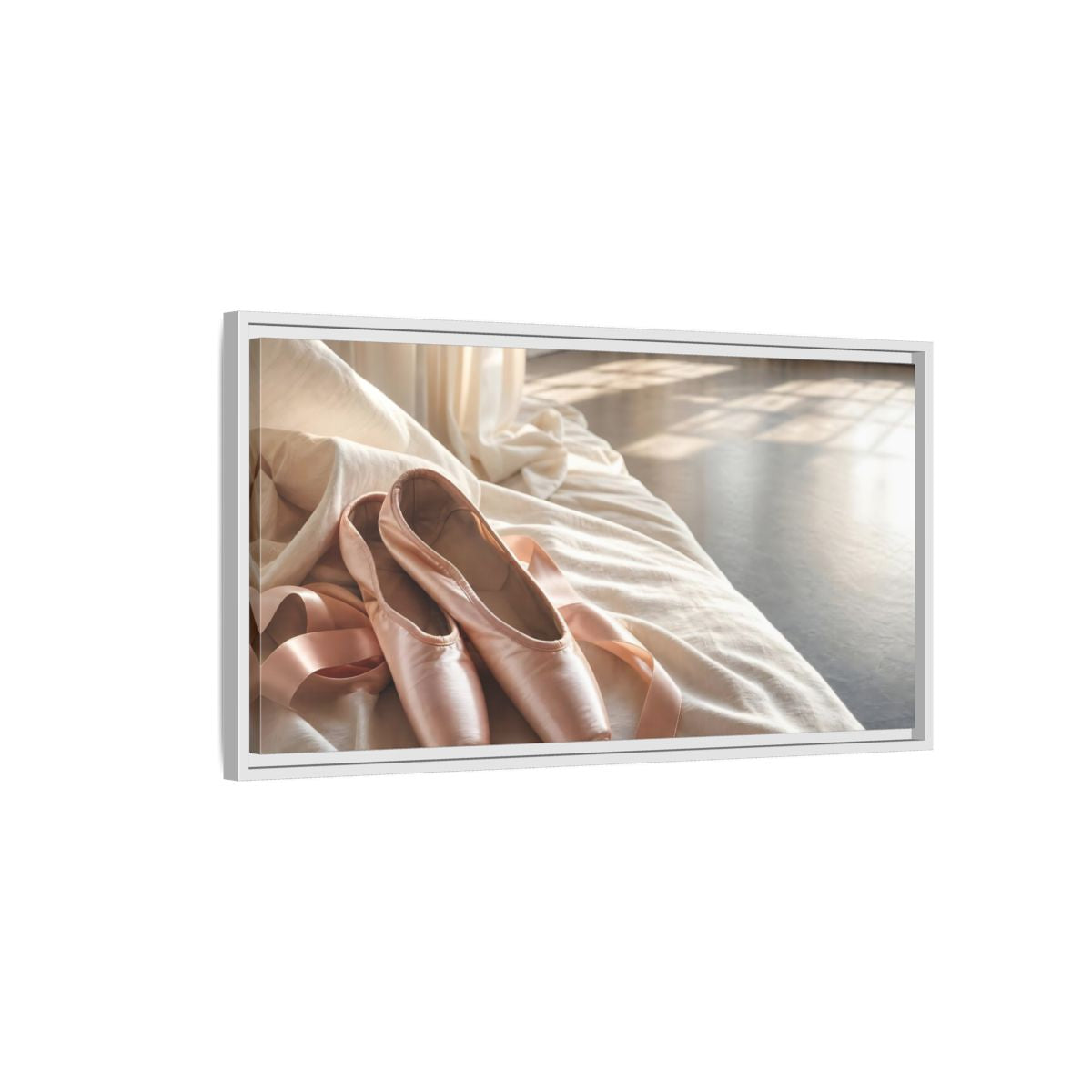 Side Mockup 1. Blush Pointe Shoes On Linen shown as framed canvas print