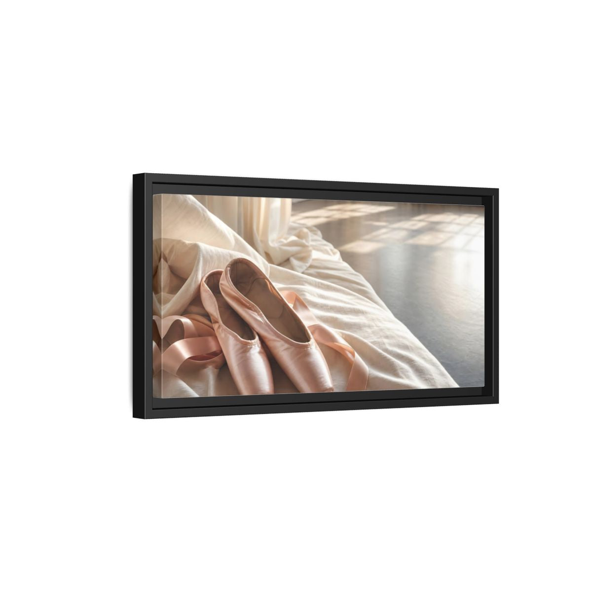 Side Mockup 8. Blush Pointe Shoes On Linen shown as framed canvas print