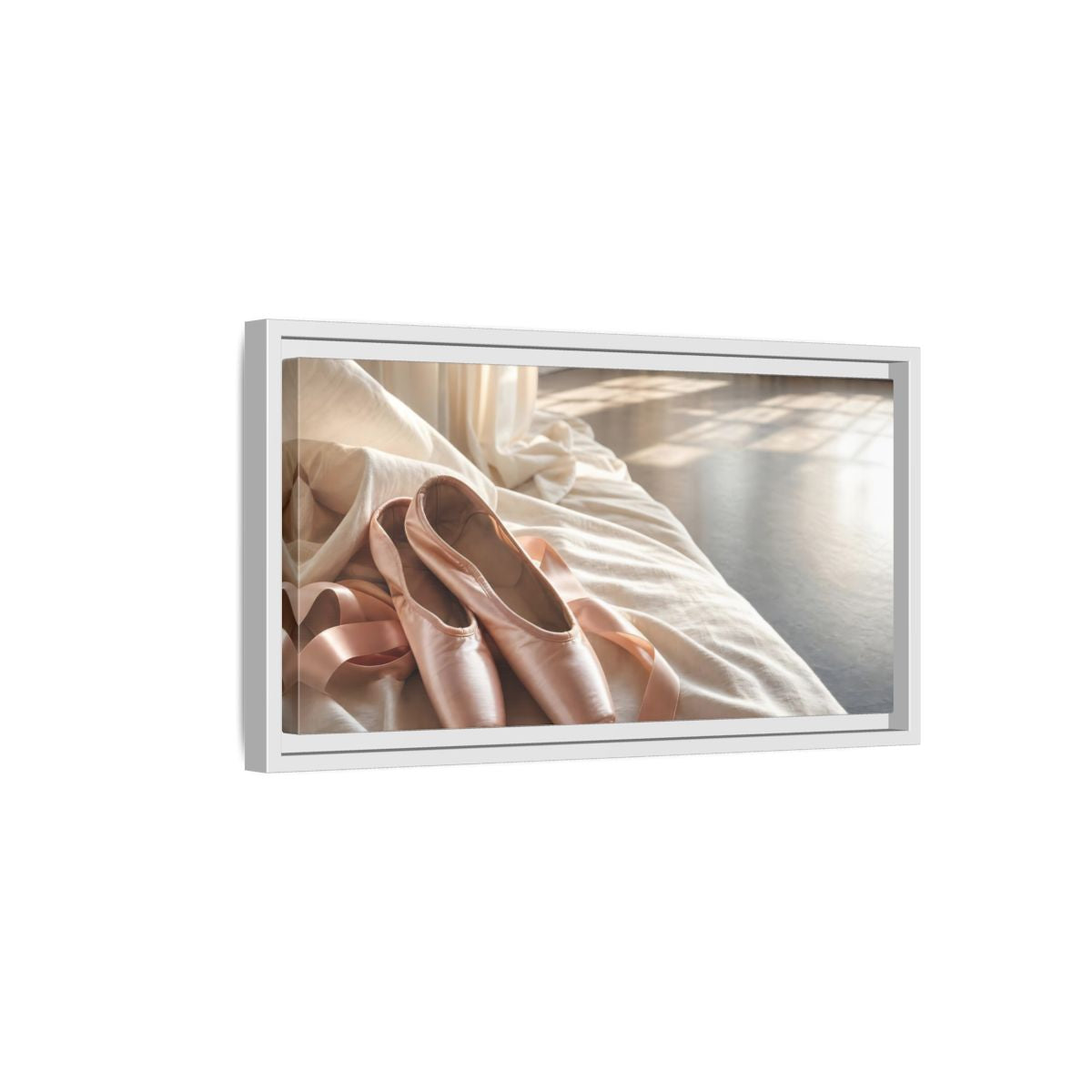 Side Mockup 6. Blush Pointe Shoes On Linen shown as framed canvas print