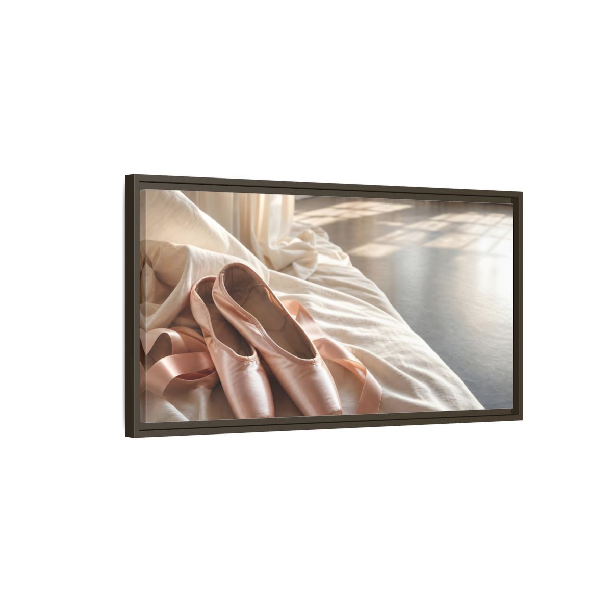 Main Mockup. Blush Pointe Shoes On Linen shown as framed canvas print