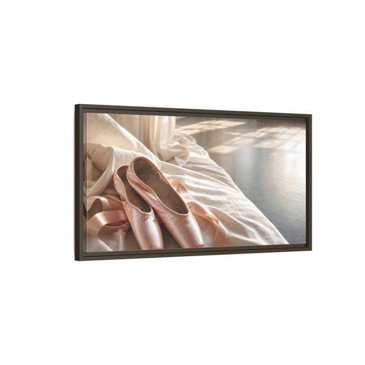 Main Mockup. Blush Pointe Shoes On Linen shown as framed canvas print