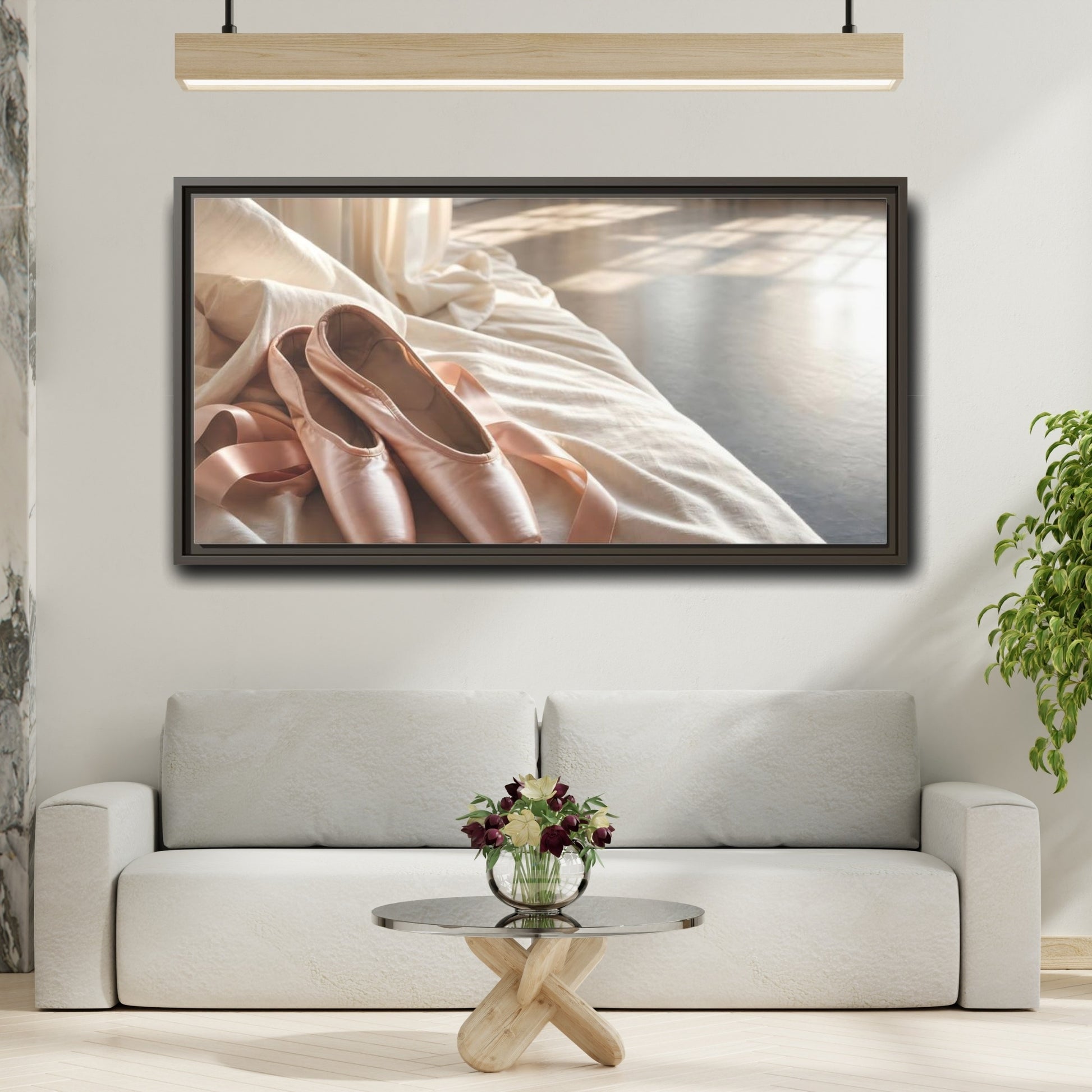 Mockup 2. Blush Pointe Shoes On Linen shown as framed canvas print