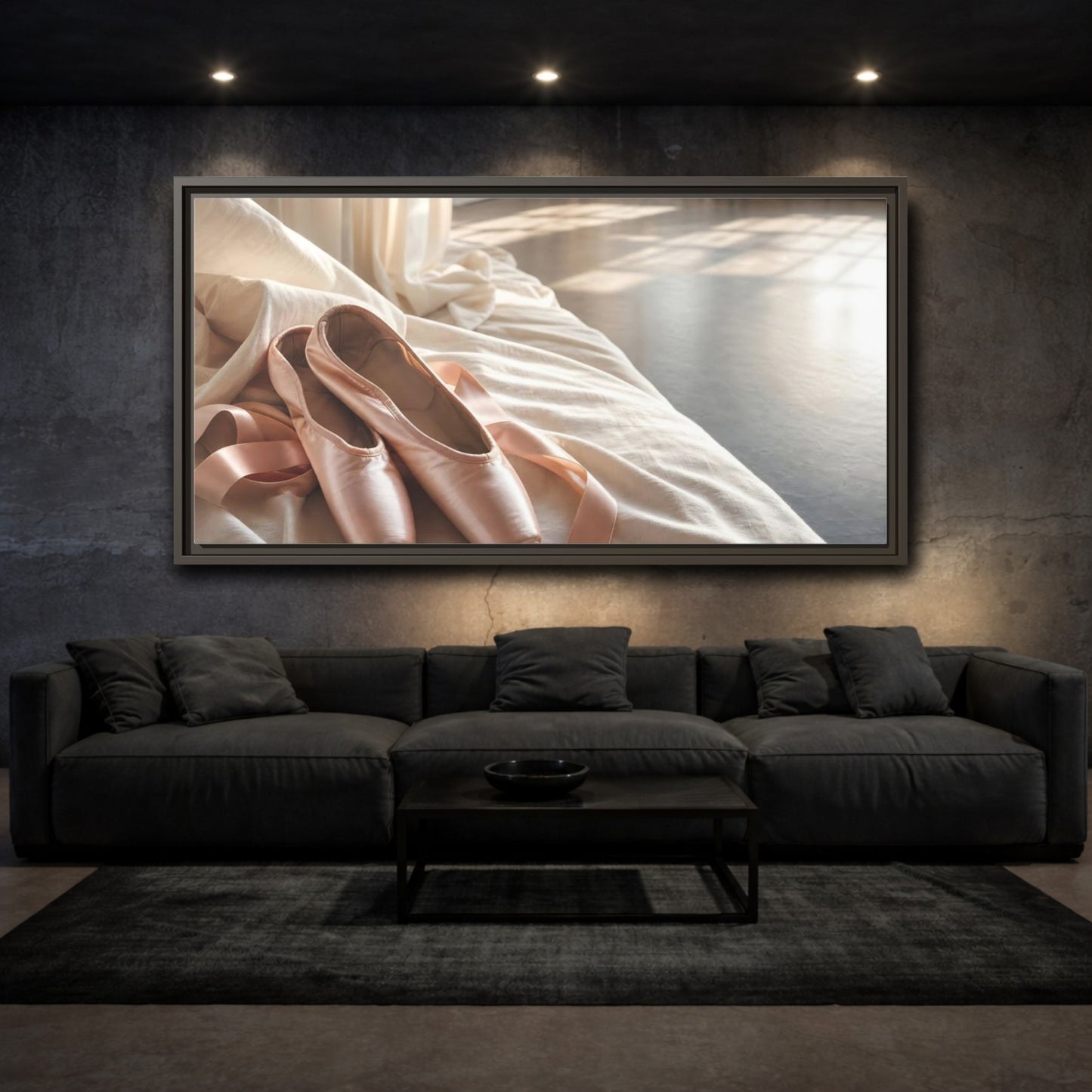 Mockup 3. Blush Pointe Shoes On Linen shown as framed canvas print