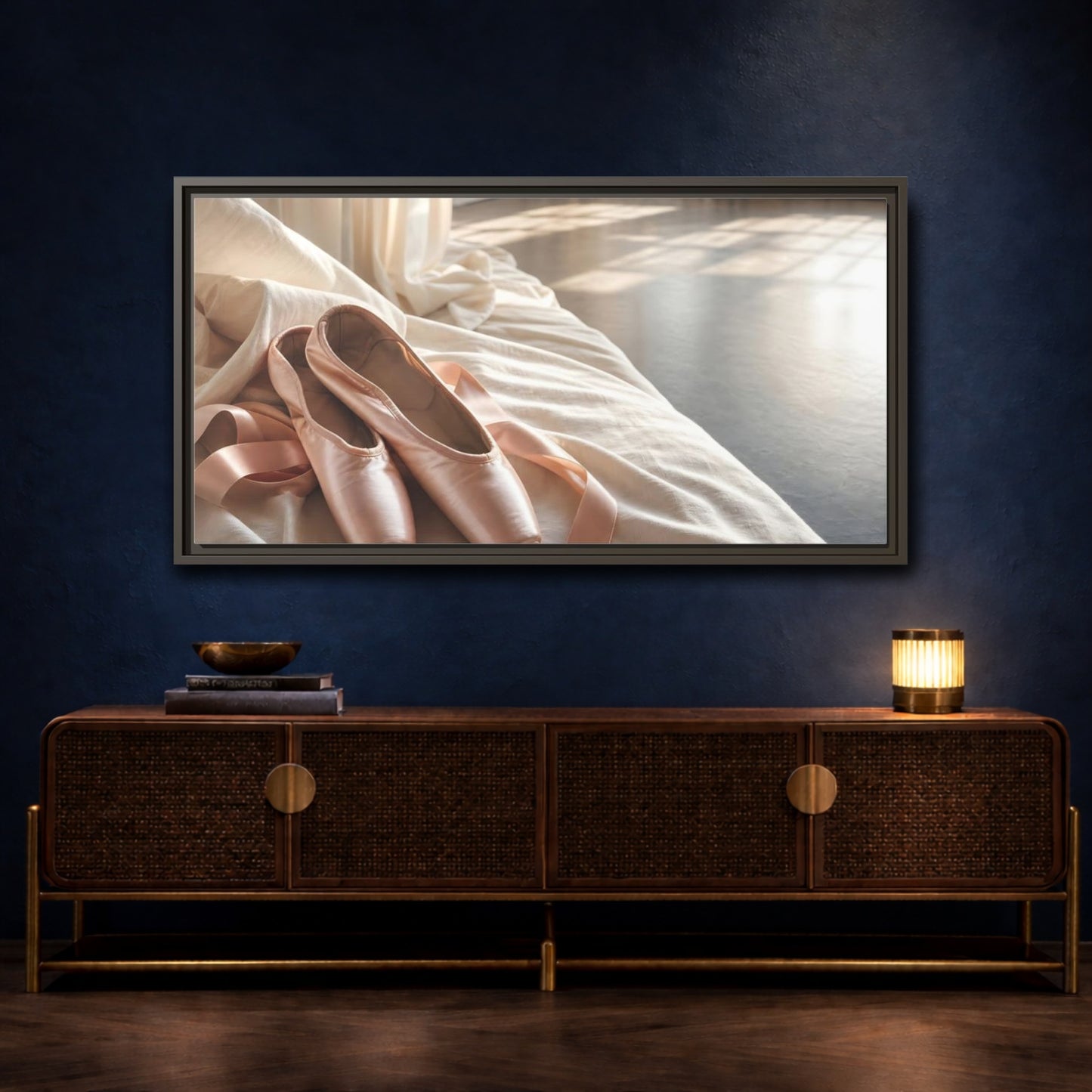 Mockup 4. Blush Pointe Shoes On Linen shown as framed canvas print