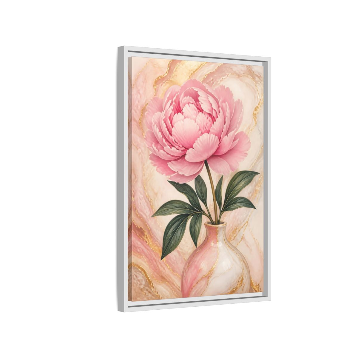 Side Mockup 1. Blushing Peony In Vase shown as framed canvas print