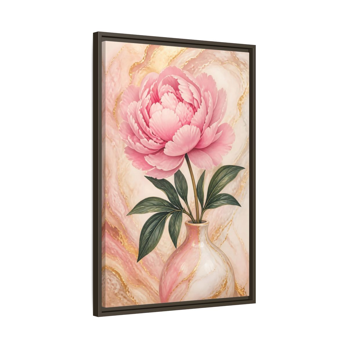 Side Mockup 11. Blushing Peony In Vase shown as framed canvas print