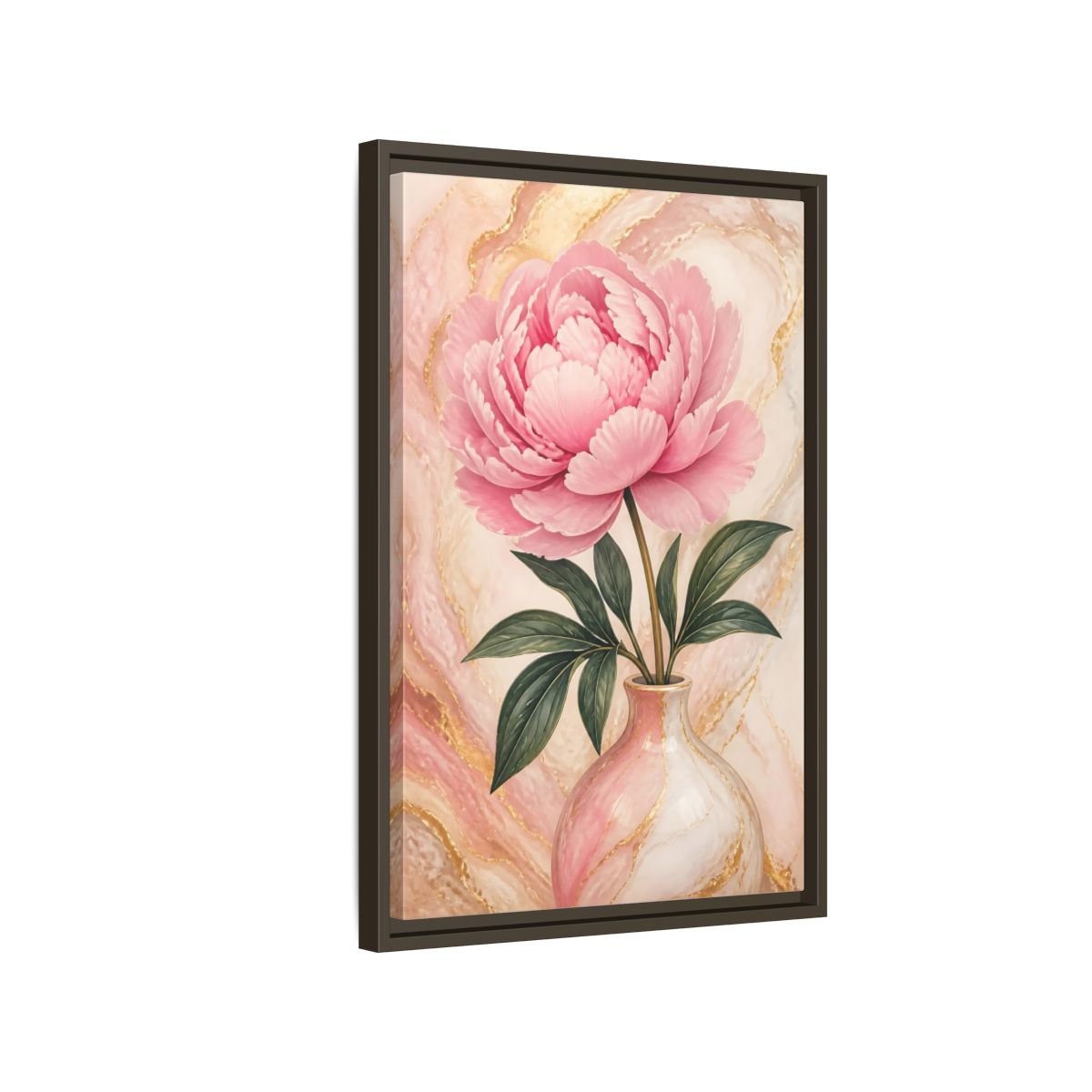 Side Mockup 2. Blushing Peony In Vase shown as framed canvas print