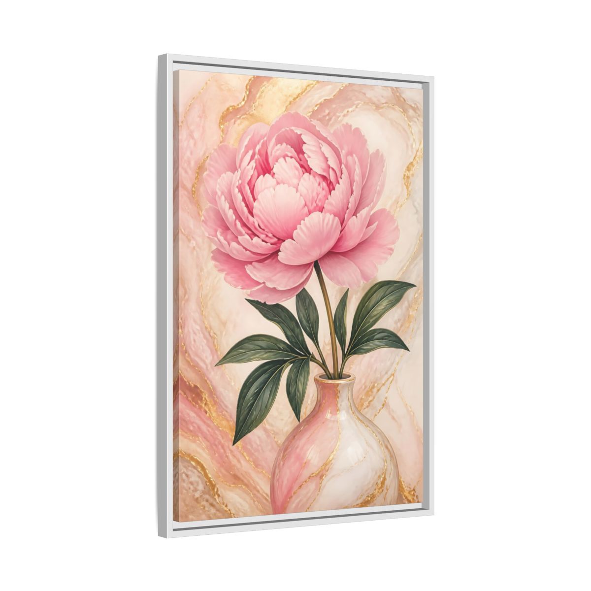 Side Mockup 10. Blushing Peony In Vase shown as framed canvas print