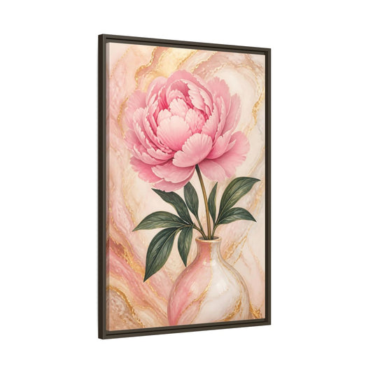 Main Mockup. Blushing Peony In Vase shown as framed canvas print