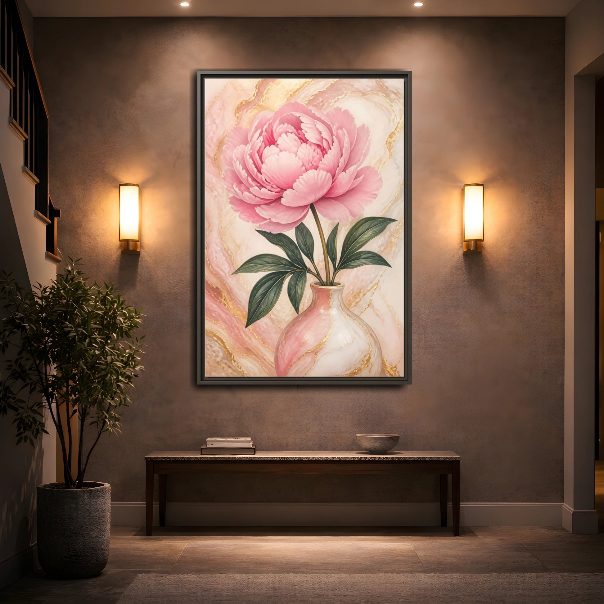 Mockup 2. Blushing Peony In Vase shown as framed canvas print
